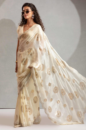 Designer Ivory White Satin Silk Embellished Saree with Alluring Stone Work