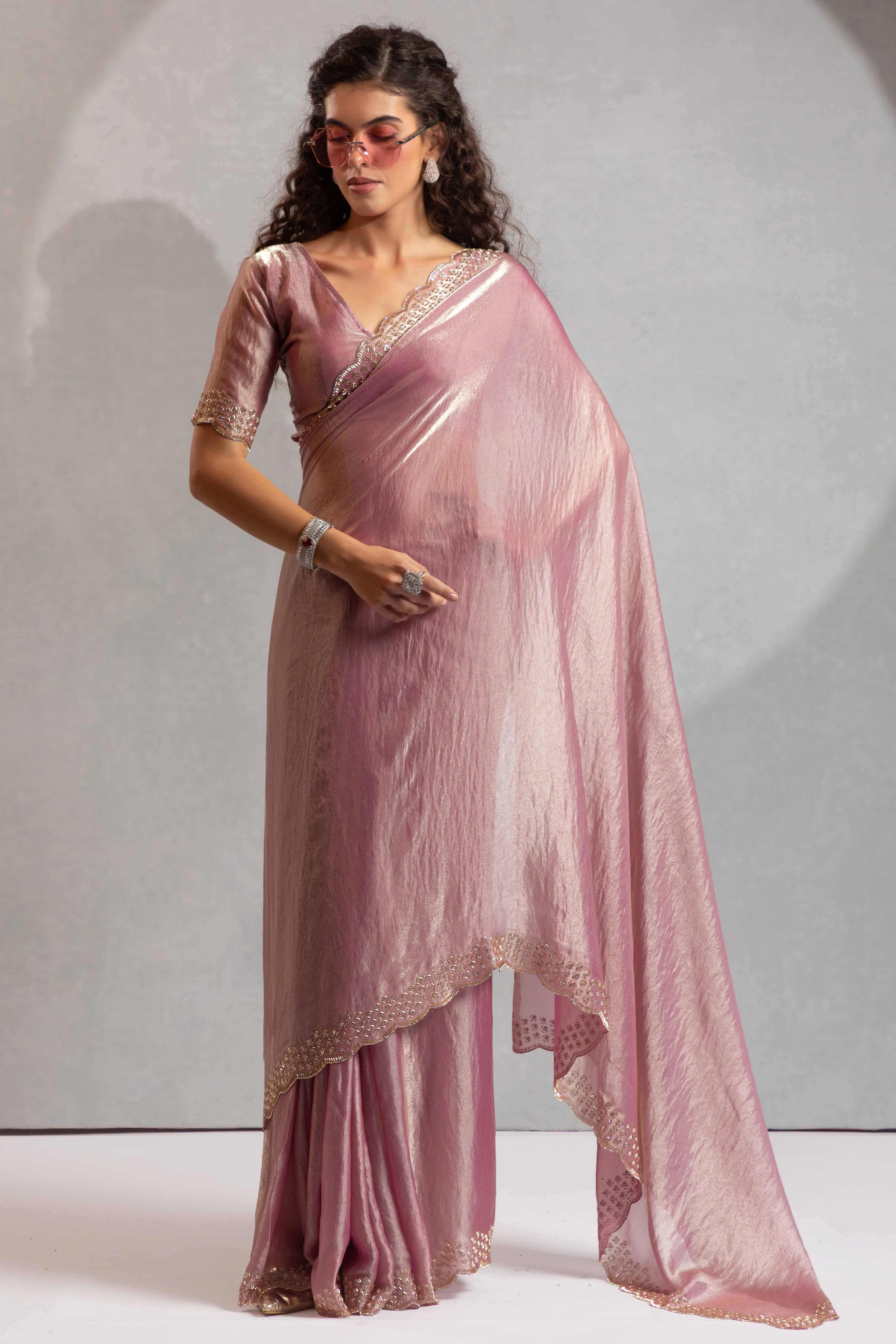 Baby Pink Satin Saree with Glamorous Stone Embellishment