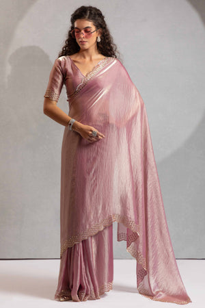 Baby Pink Satin Saree with Glamorous Stone Embellishment