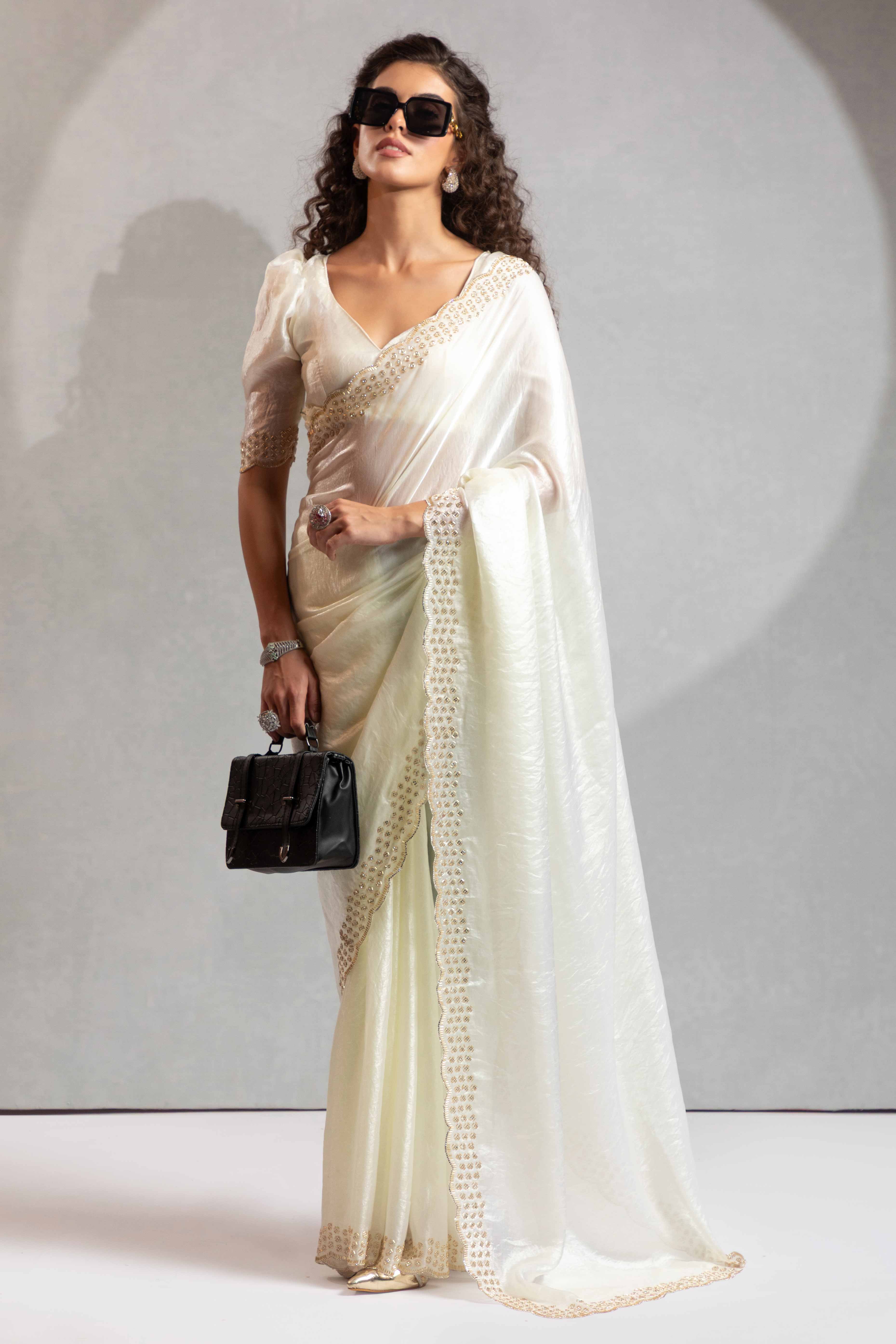 White Satin Saree with Glamorous Stone Embellishment