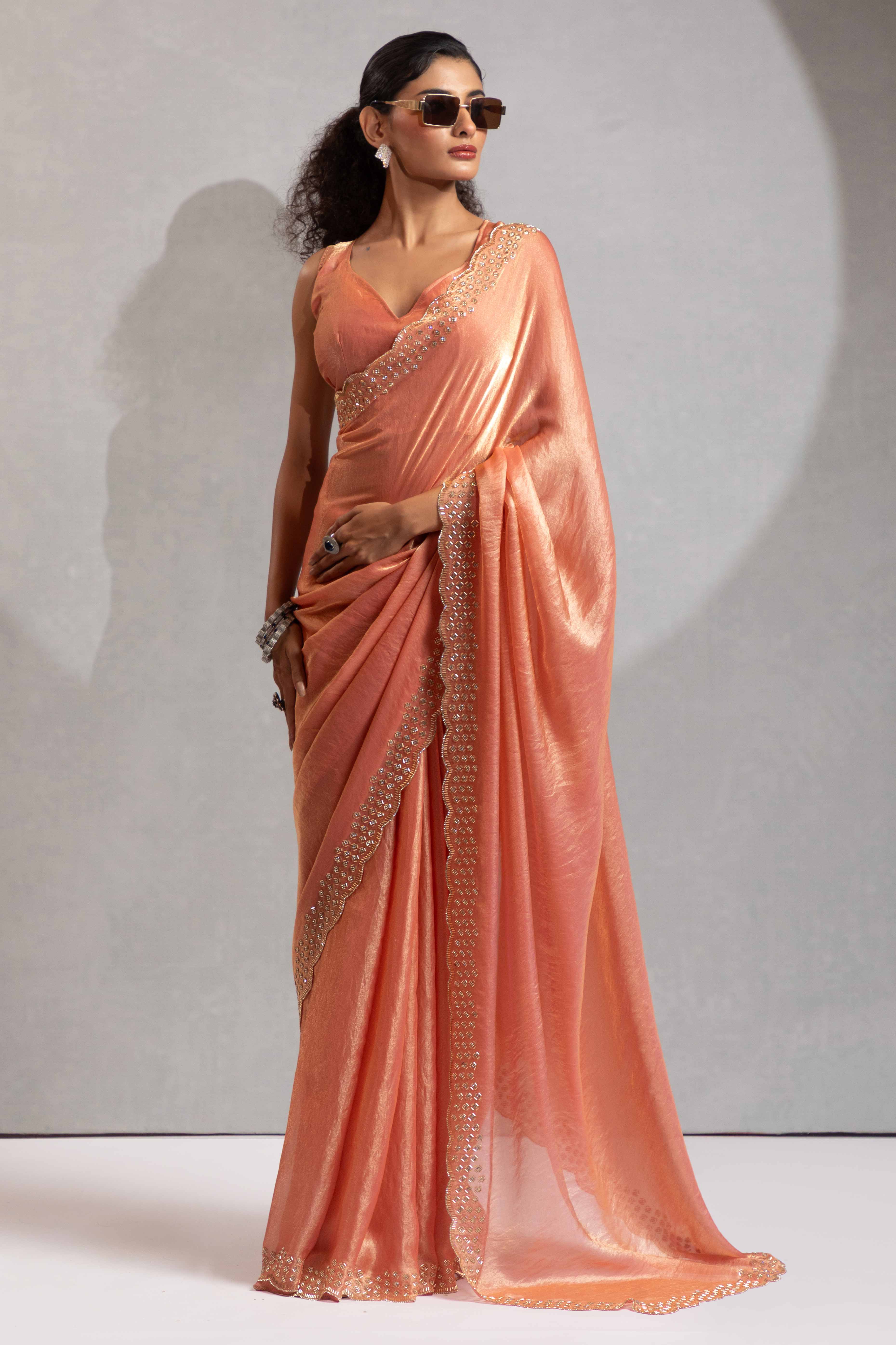 Coral Peach Satin Saree with Glamorous Stone Embellishment