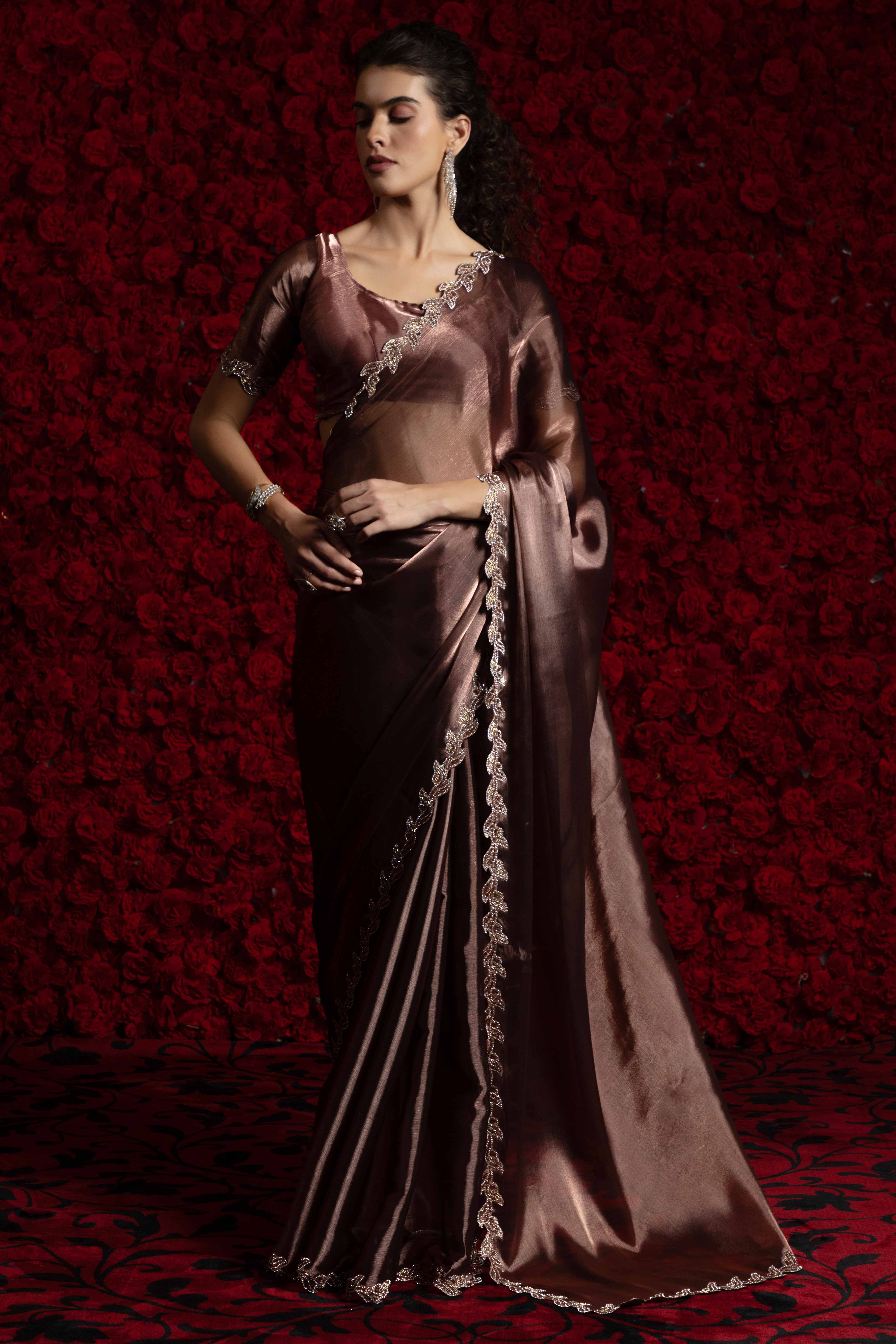 Brown Party Wear Saree Stone Embellished Tissue Chiffon Fabric