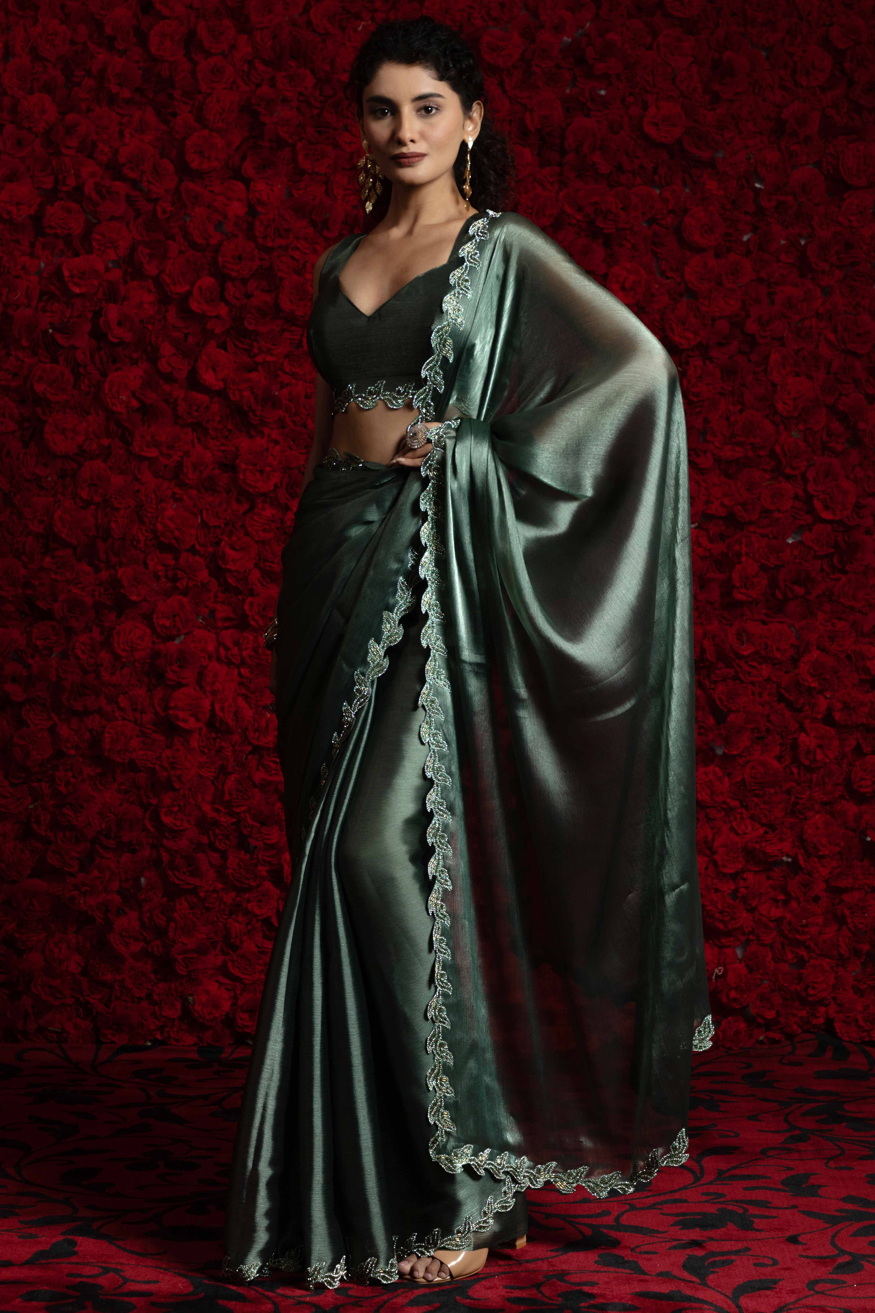 Sacramento Green Party Wear Saree Stone Embellished Tissue Chiffon Fabric