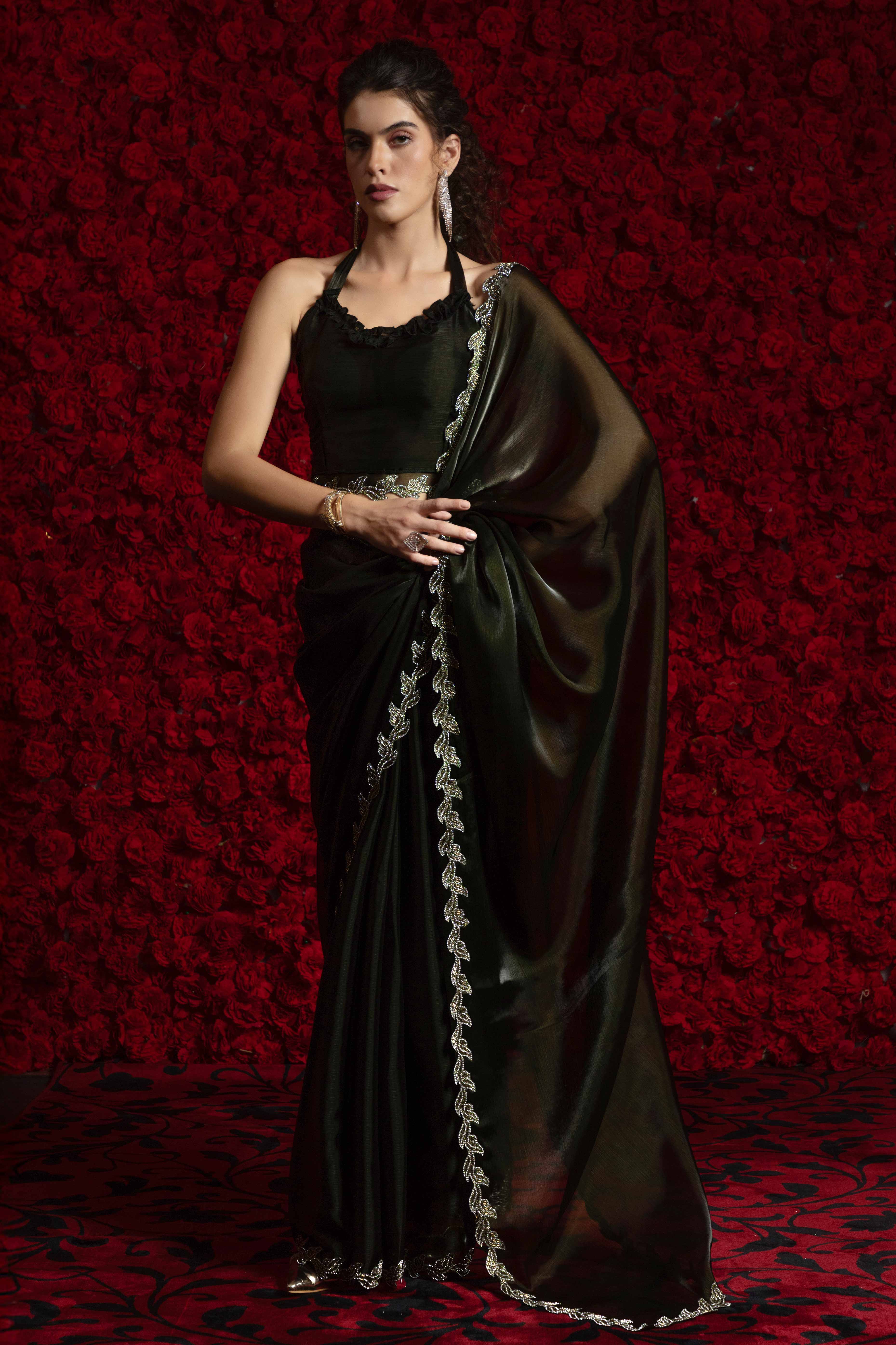 Dark Olive Party Wear Saree Stone Embellished Tissue Chiffon Fabric