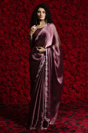Burgundy Solid Tissue Chiffon Saree Accentuated With A Sparkling Zarkan Work Border