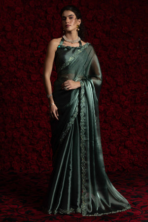 Emerald Green Solid Tissue Chiffon Saree Accented With Elegant Zarkan Work Border