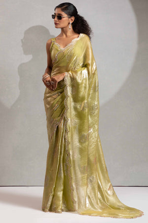 Green Satin Silk Saree Showcasing Elegant Floral Foil Prints & Dazzling Zarkan Work
