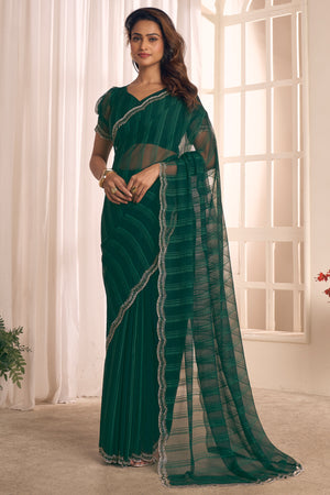 Green Georgette Saree Featuring Contemporary Stripes With A Sparkling Diamond & Beads Work Border