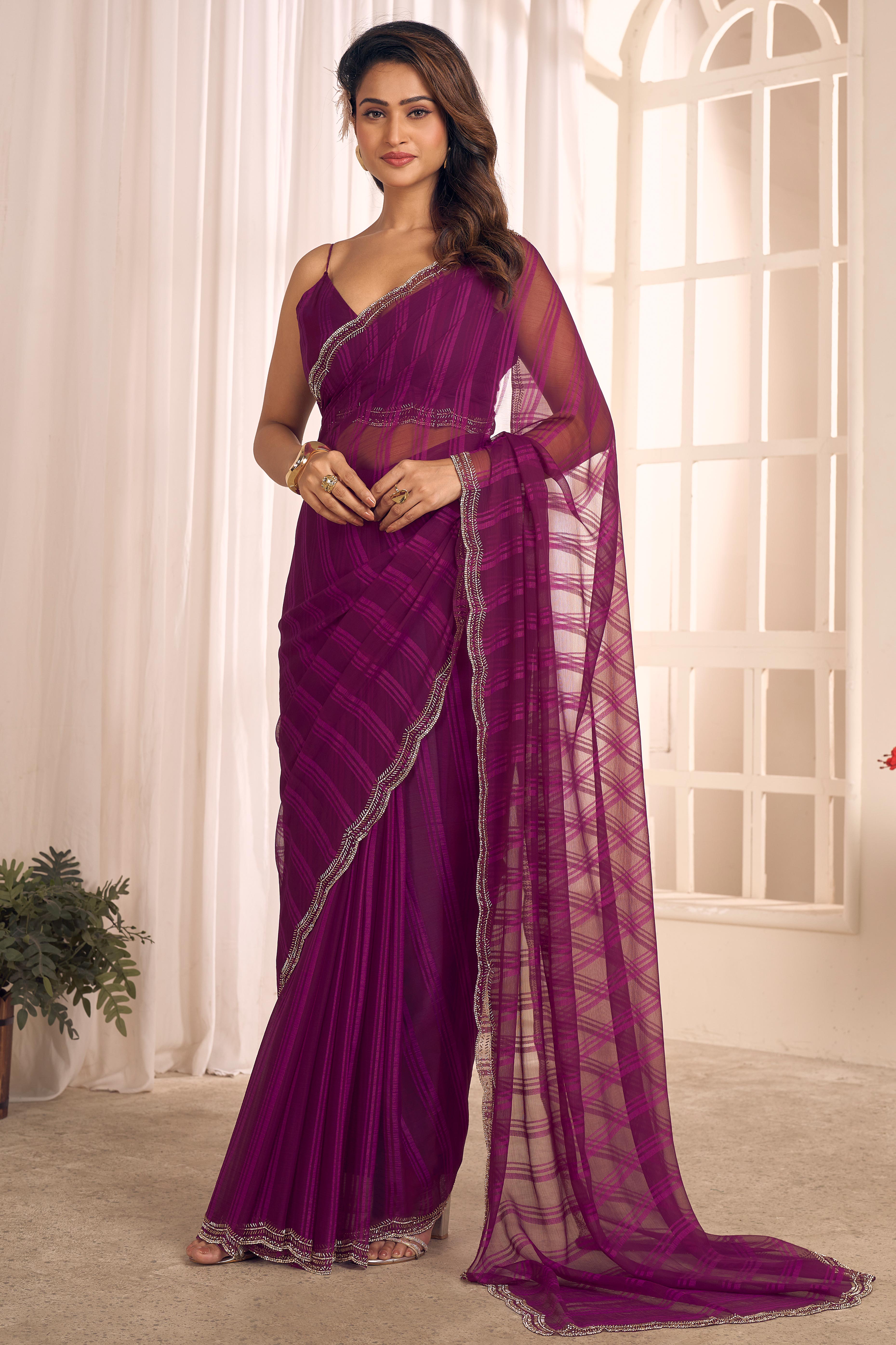 Wine Georgette Saree Featuring Contemporary Stripes With A Sparkling Diamond & Beads Work Border