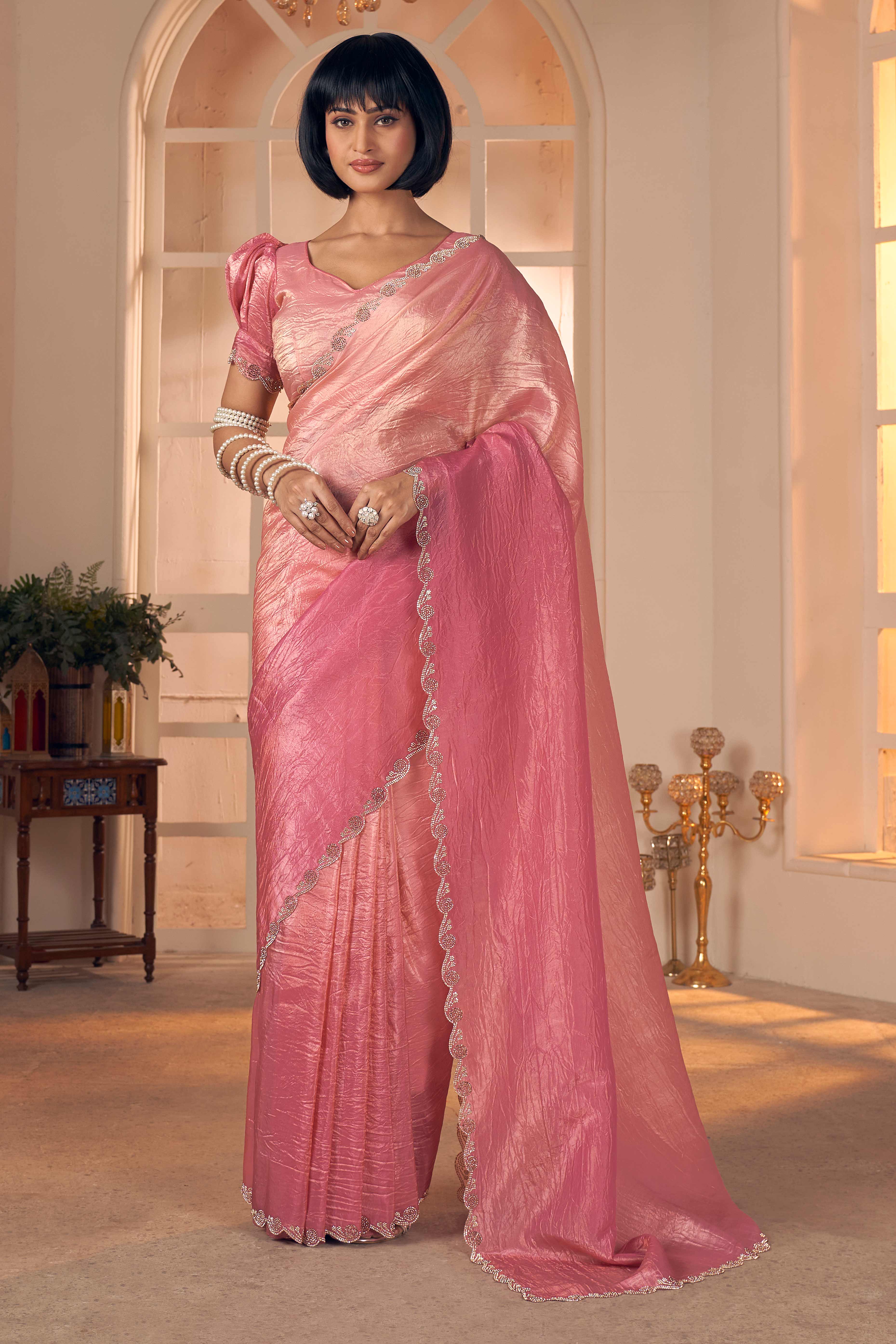 Elegant Pastel Pink Pure Silk Saree Enhanced With Premium Zarkan Cutwork Embellishment