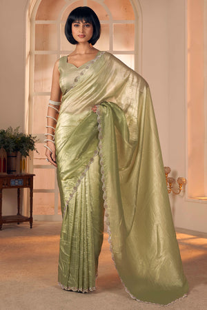 Elegant Olive Pure Silk Saree Enhanced With Premium Zarkan Cutwork Embellishment