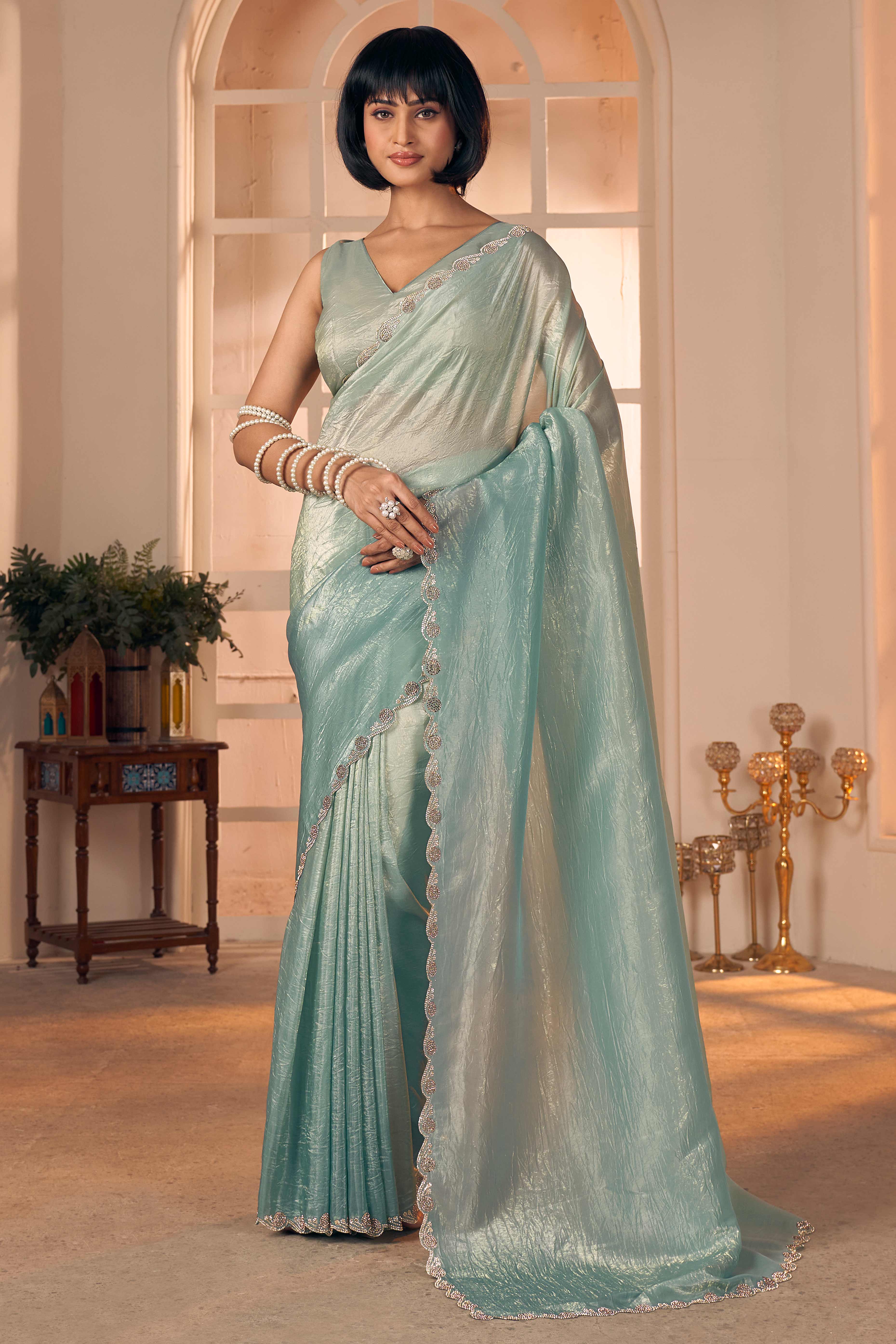Elegant Light Sea Green Pure Silk Saree Enhanced With Premium Zarkan Cutwork Embellishment