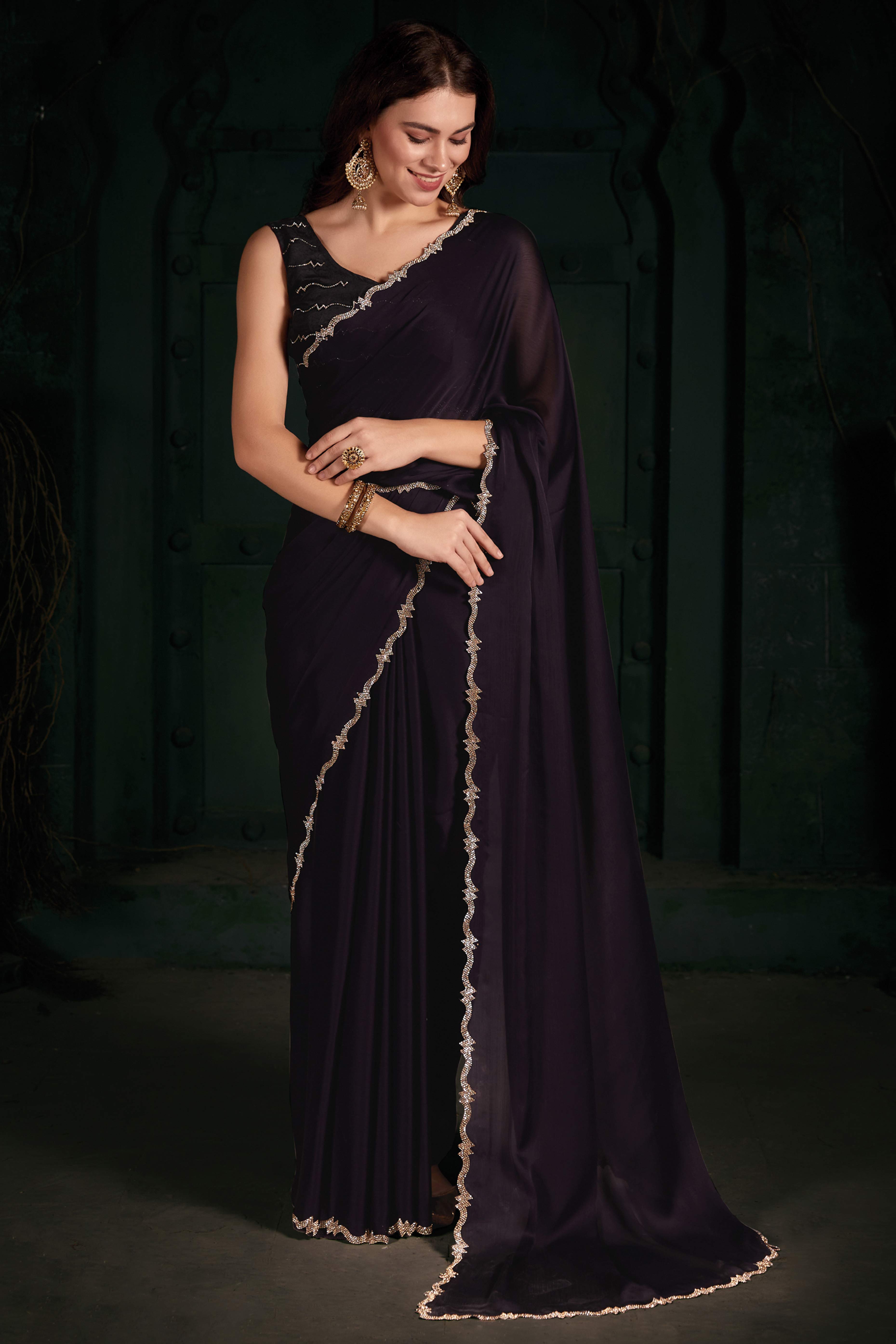 Dark Purple Solid With Zarkan Cutwork Border Chiffon Saree With Belt