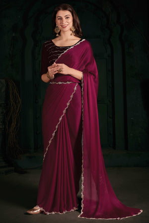Maroon Solid With Zarkan Cutwork Border Chiffon Saree With Belt