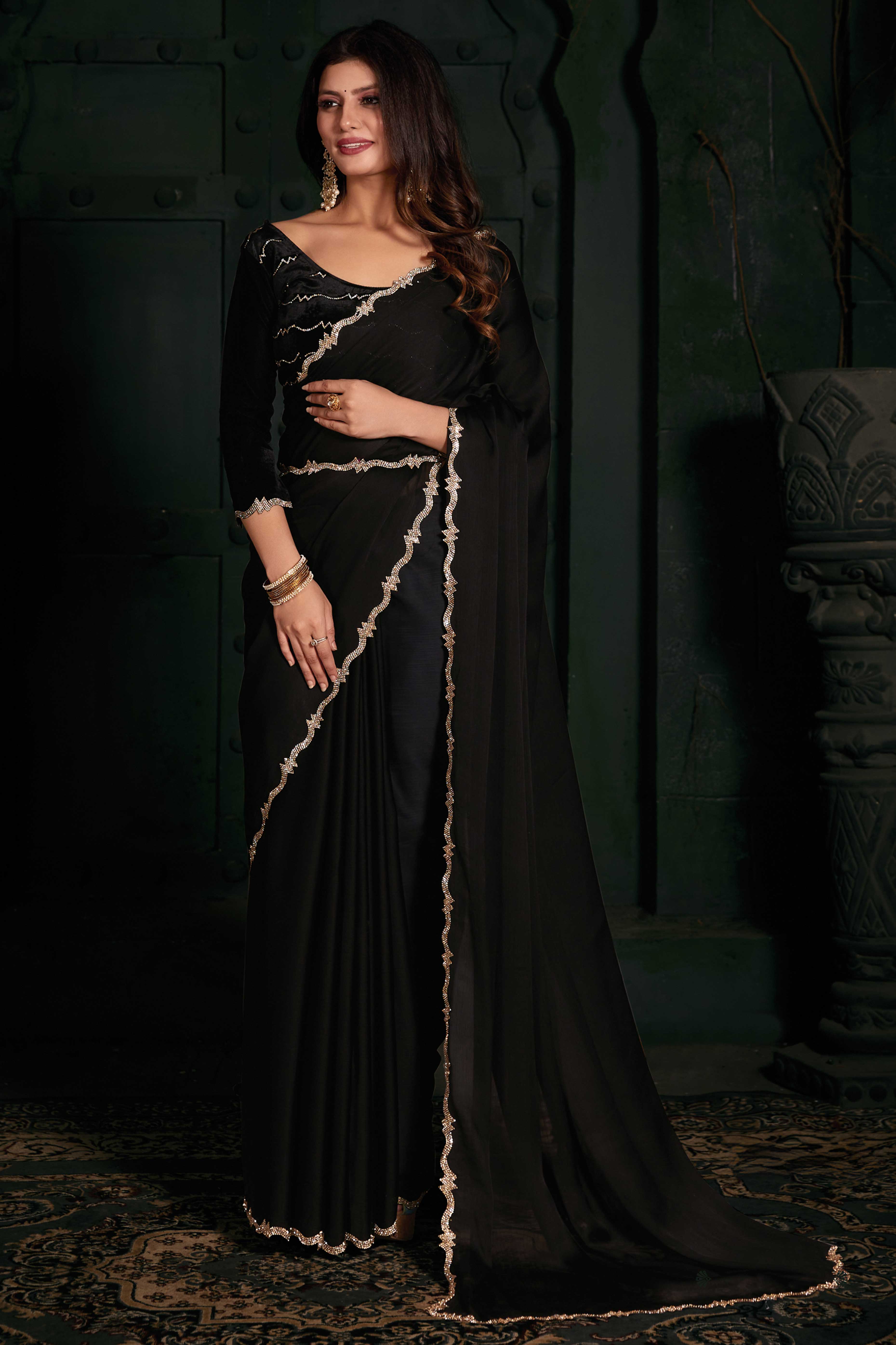 Black Solid With Zarkan Cutwork Border Chiffon Saree With Belt
