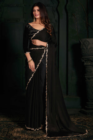 Black Solid With Zarkan Cutwork Border Chiffon Saree With Belt