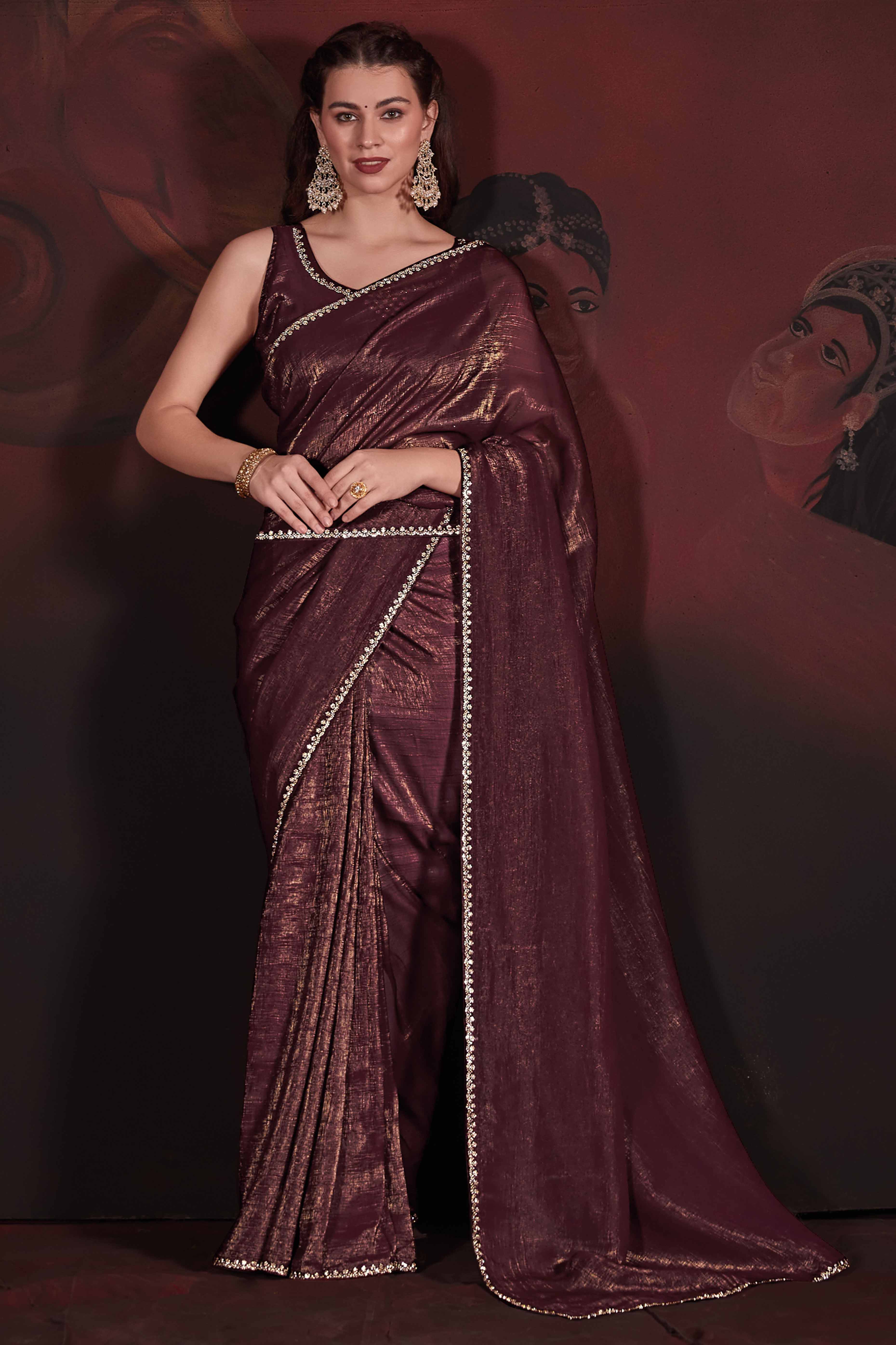 Brown Solid With Zarkan Border Art Silk Saree With Belt
