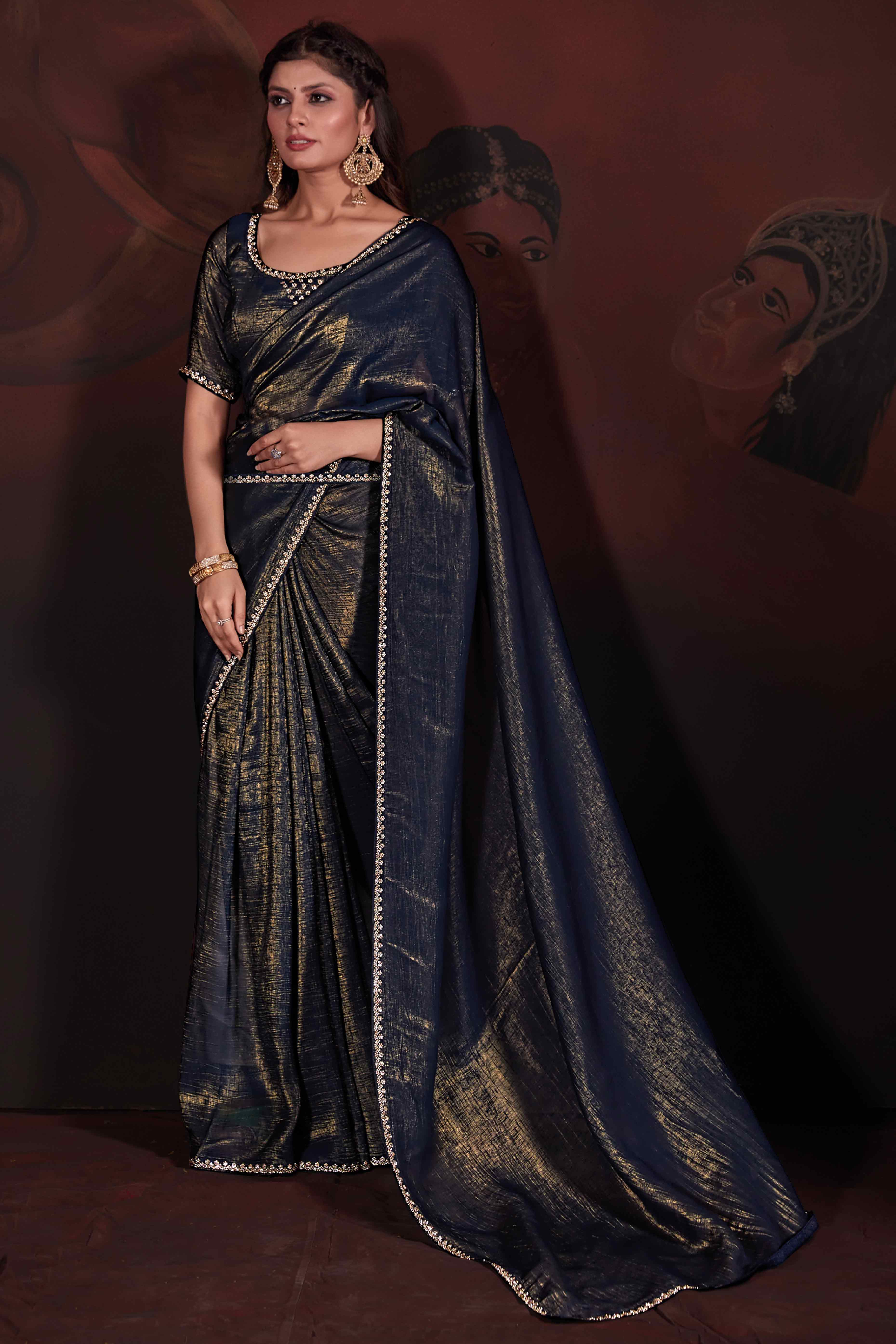Navy Blue Solid With Zarkan Border Art Silk Saree With Belt