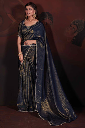 Navy Blue Solid With Zarkan Border Art Silk Saree With Belt