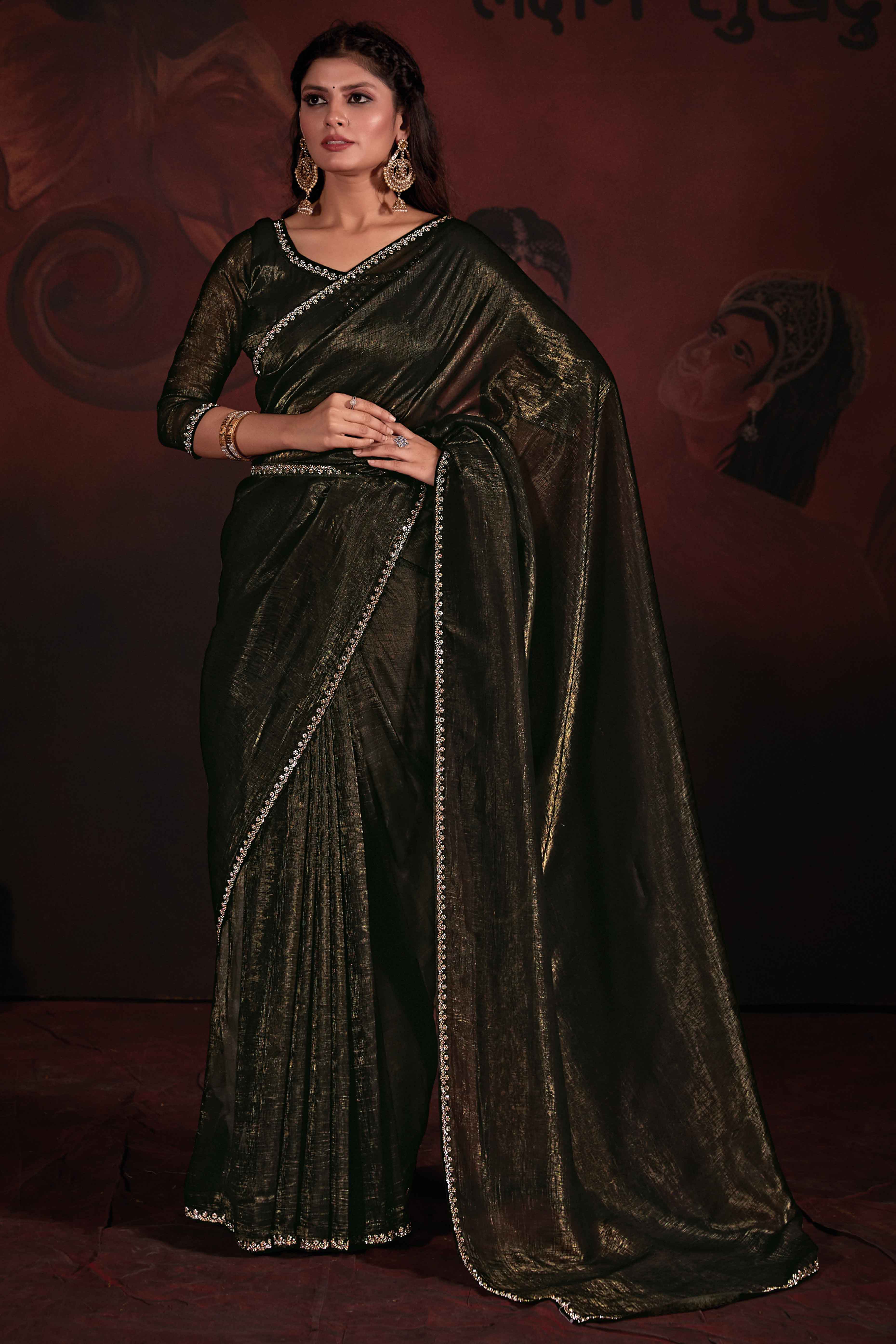 Olive Green Solid With Zarkan Border Art Silk Saree With Belt