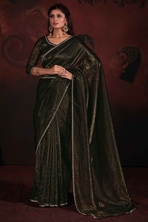 Olive Green Solid With Zarkan Border Art Silk Saree With Belt