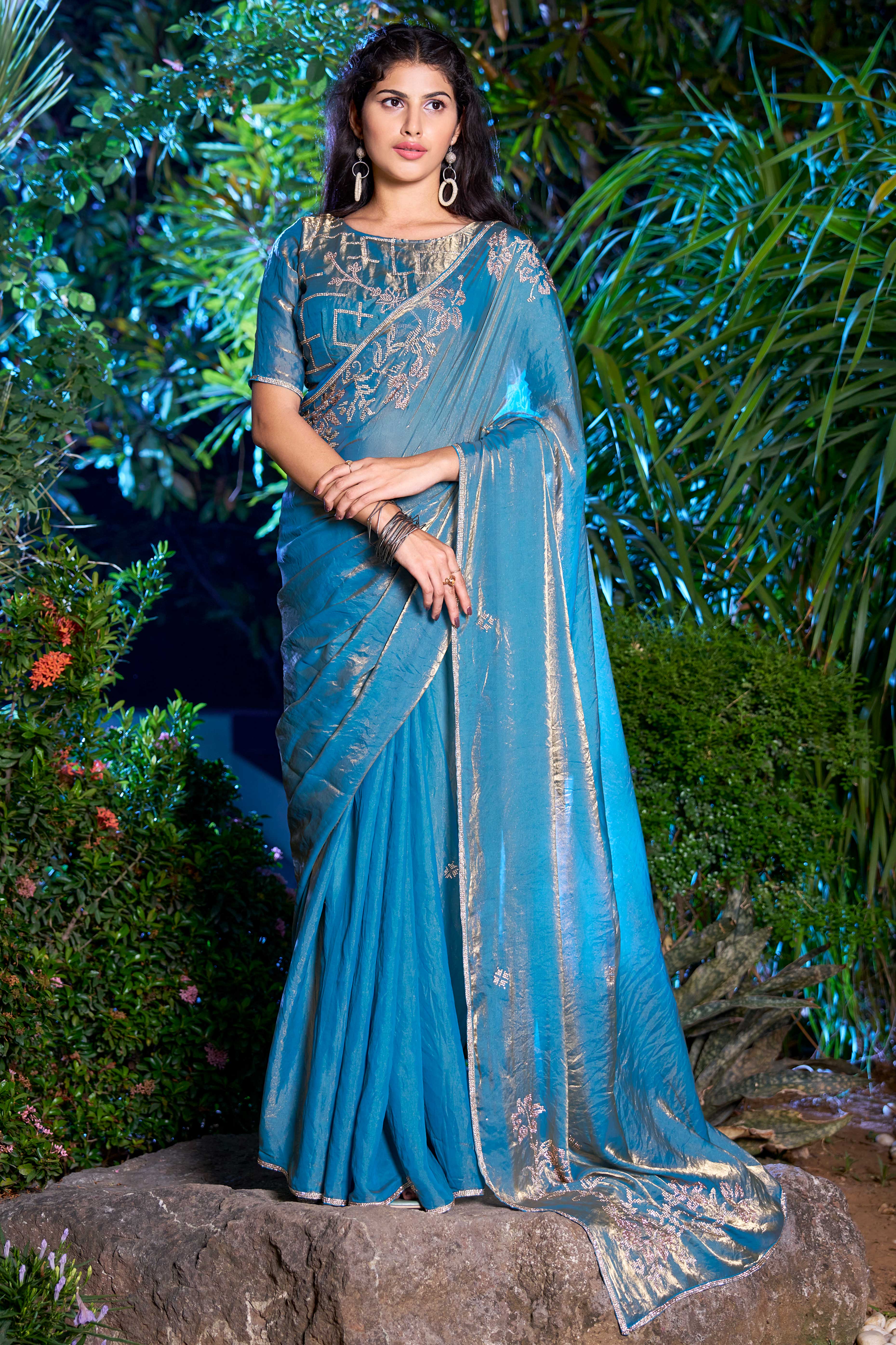 Luxury Satin Saree in Sky Blue with Swarovski Embellishments