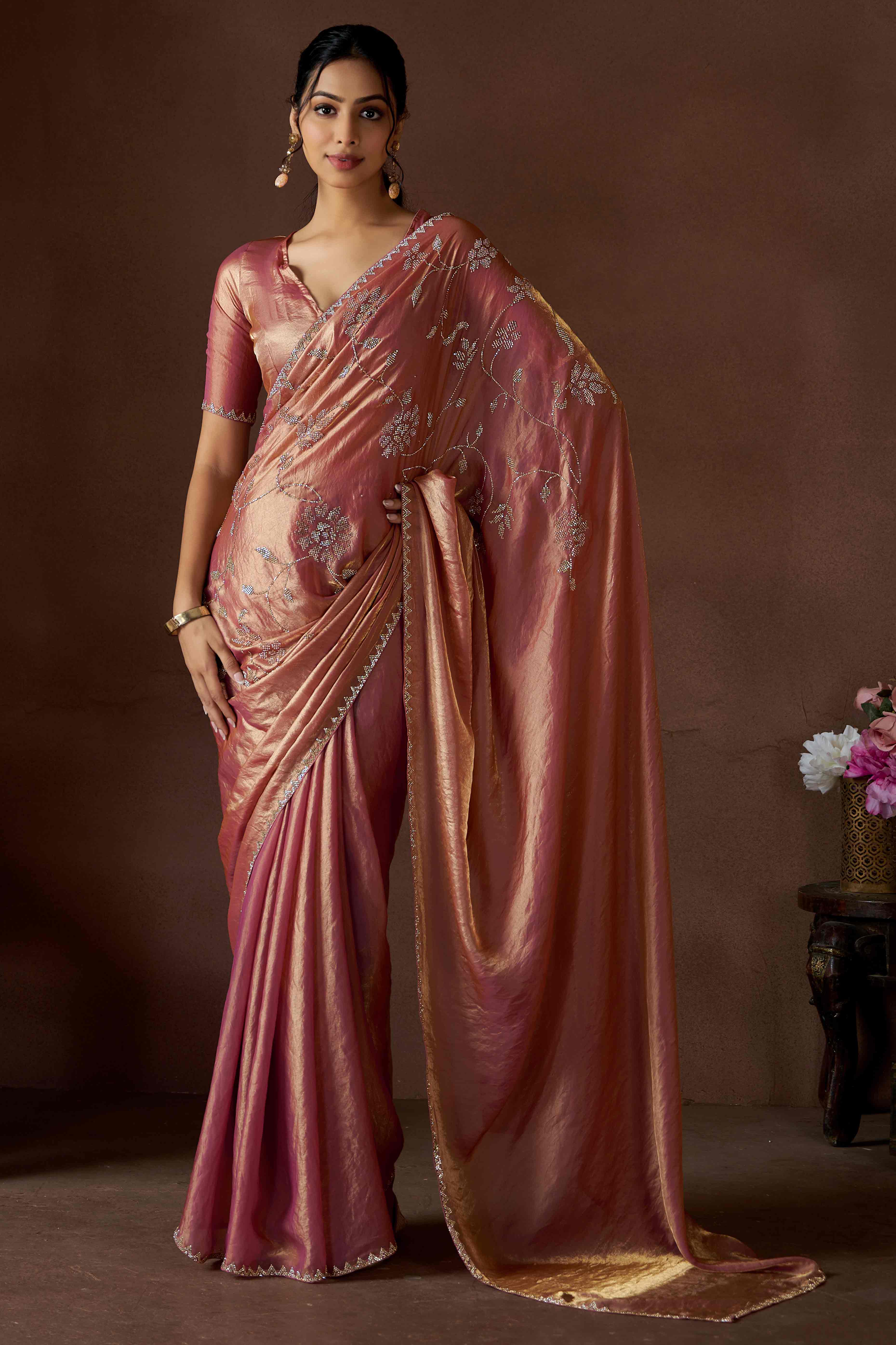 Peach Satin Saree with Exquisite Stone Embellishments