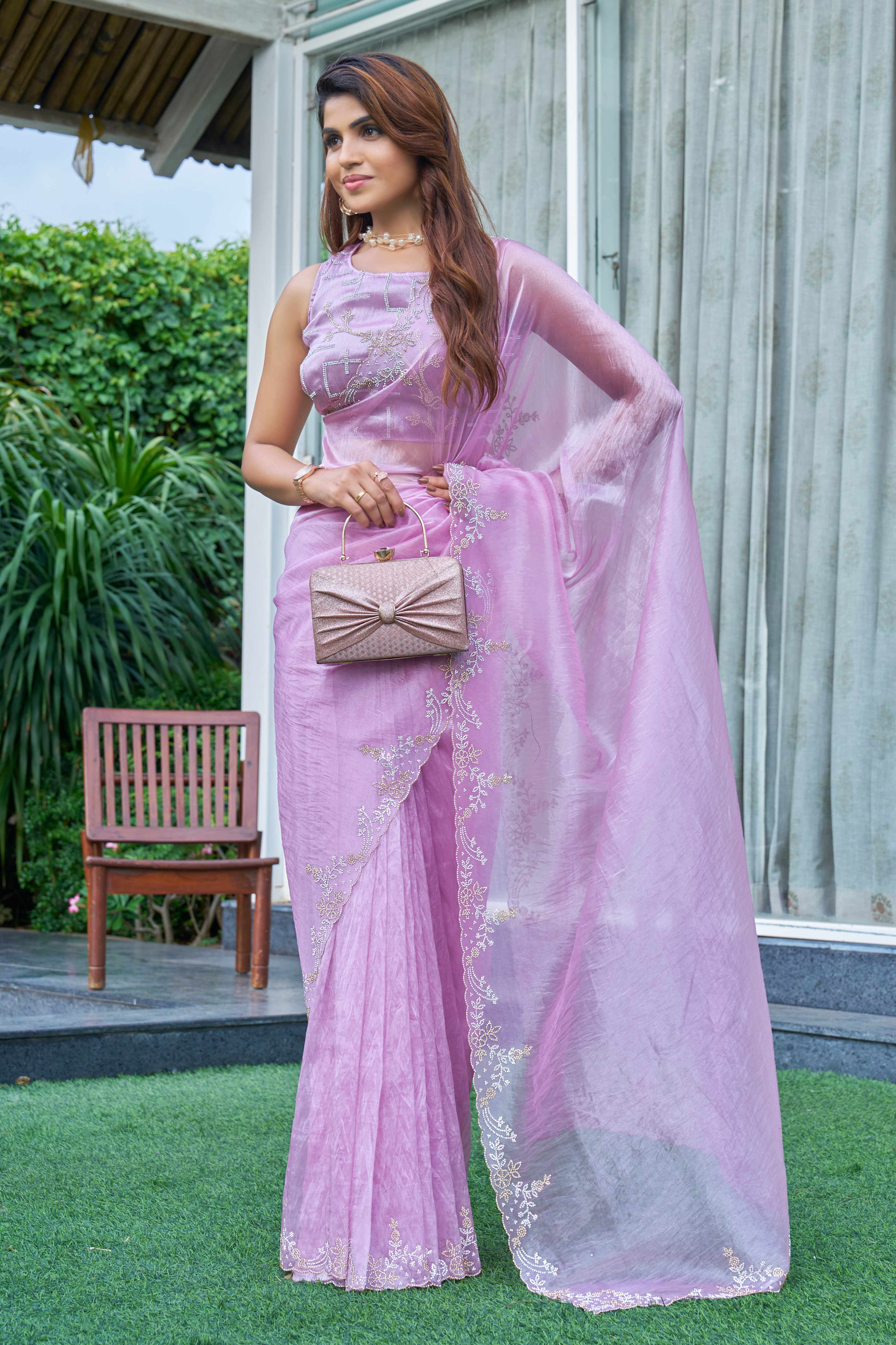 Light Purple Ethereal Organza Saree Adorned with Crystal Embellishments