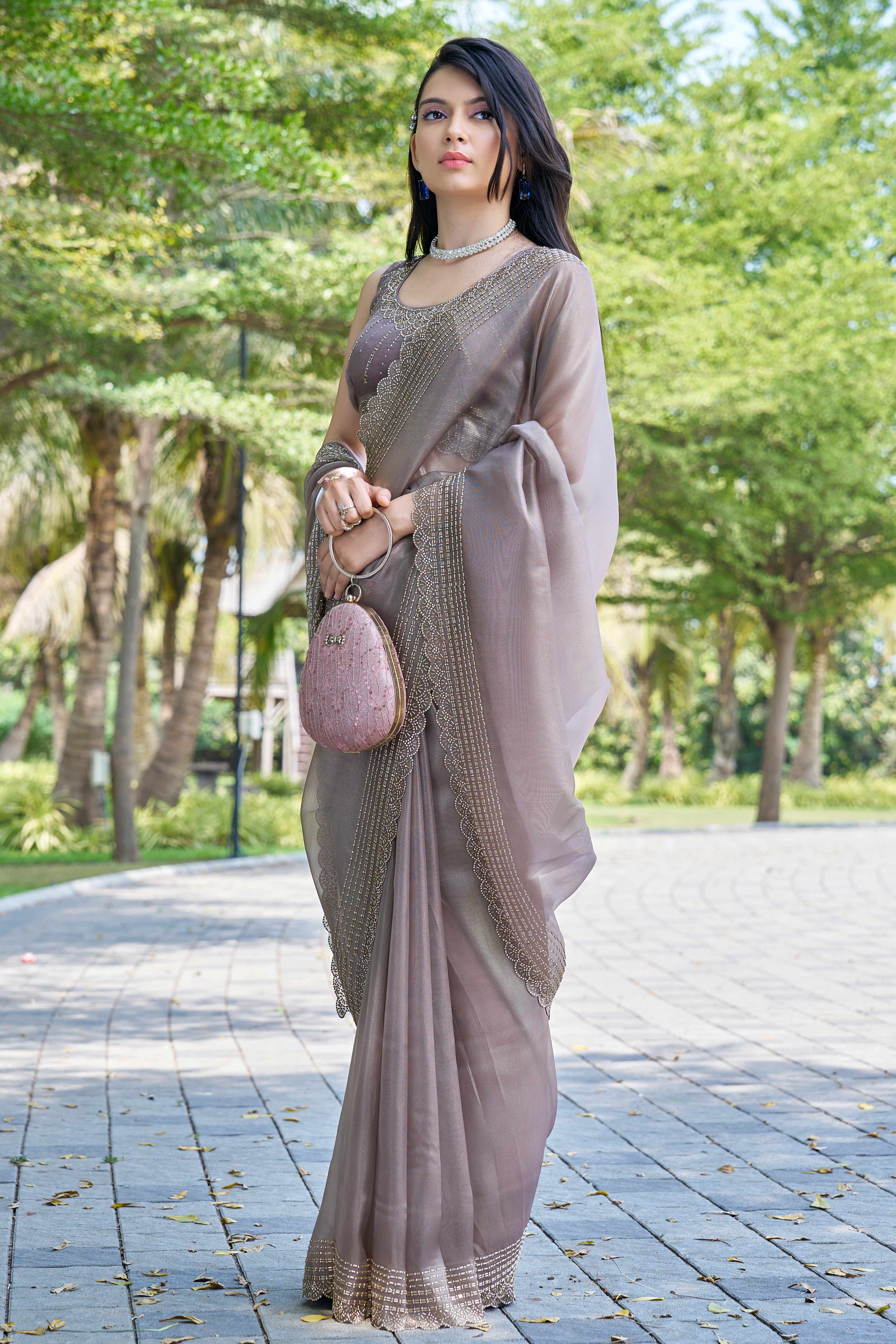 Grey Soft Organza Saree with Stone Embellishments Work