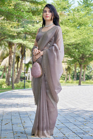 Grey Soft Organza Saree with Stone Embellishments Work