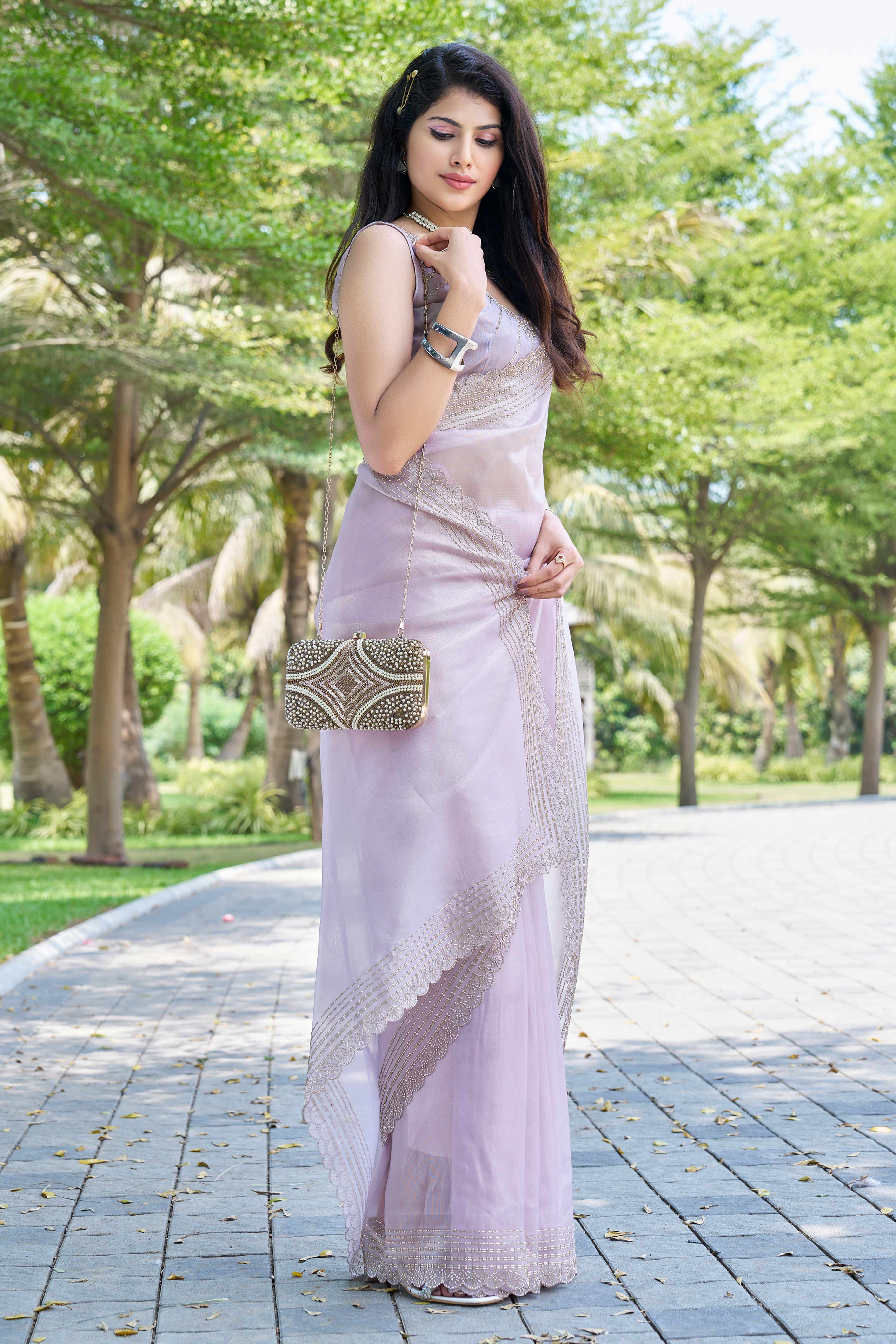Lavender Soft Organza Saree with Stone Embellishments Work