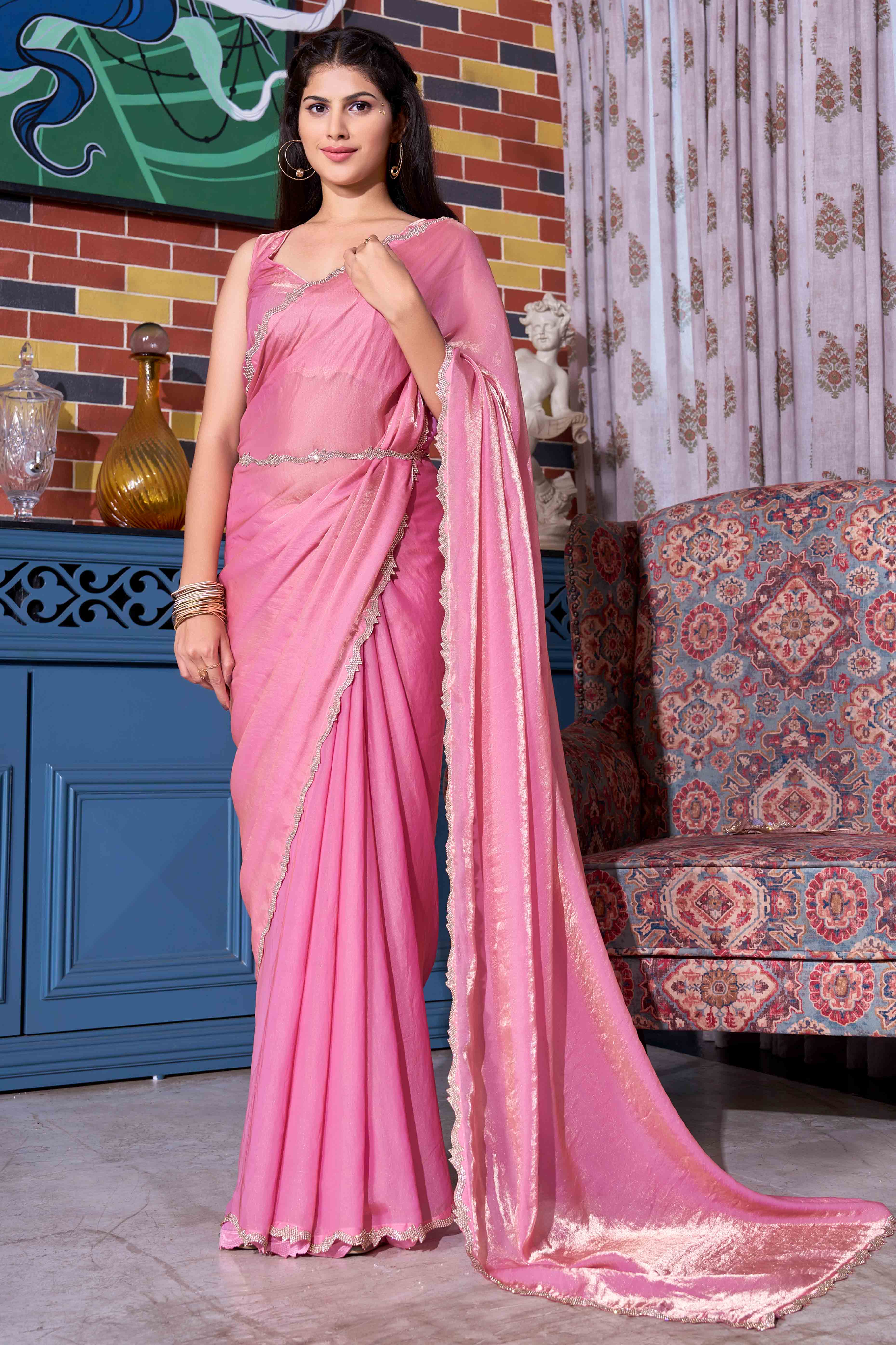Blush Pink Satin Saree with Exquisite Stone Embellishments