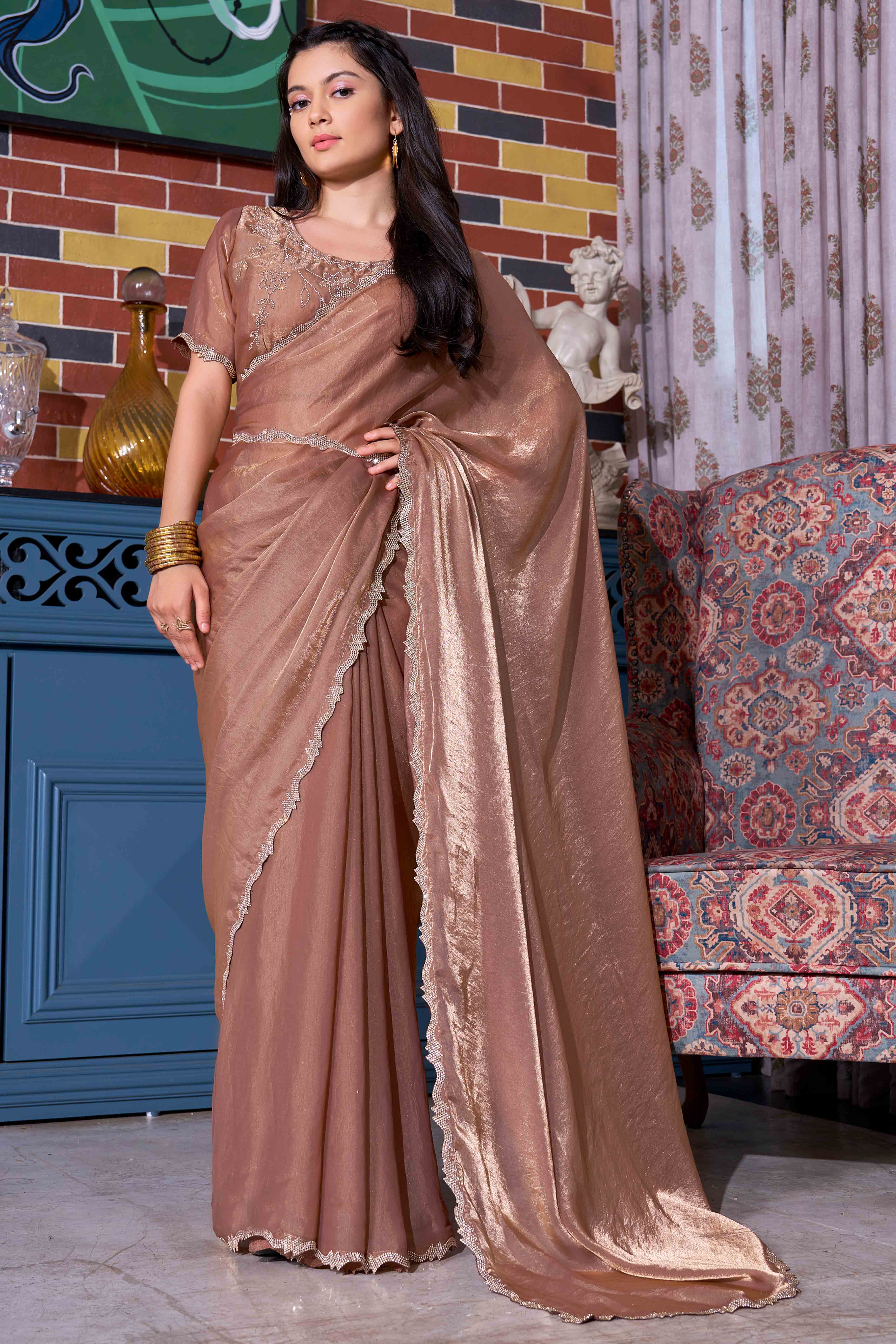 Brown Satin Saree with Exquisite Stone Embellishments
