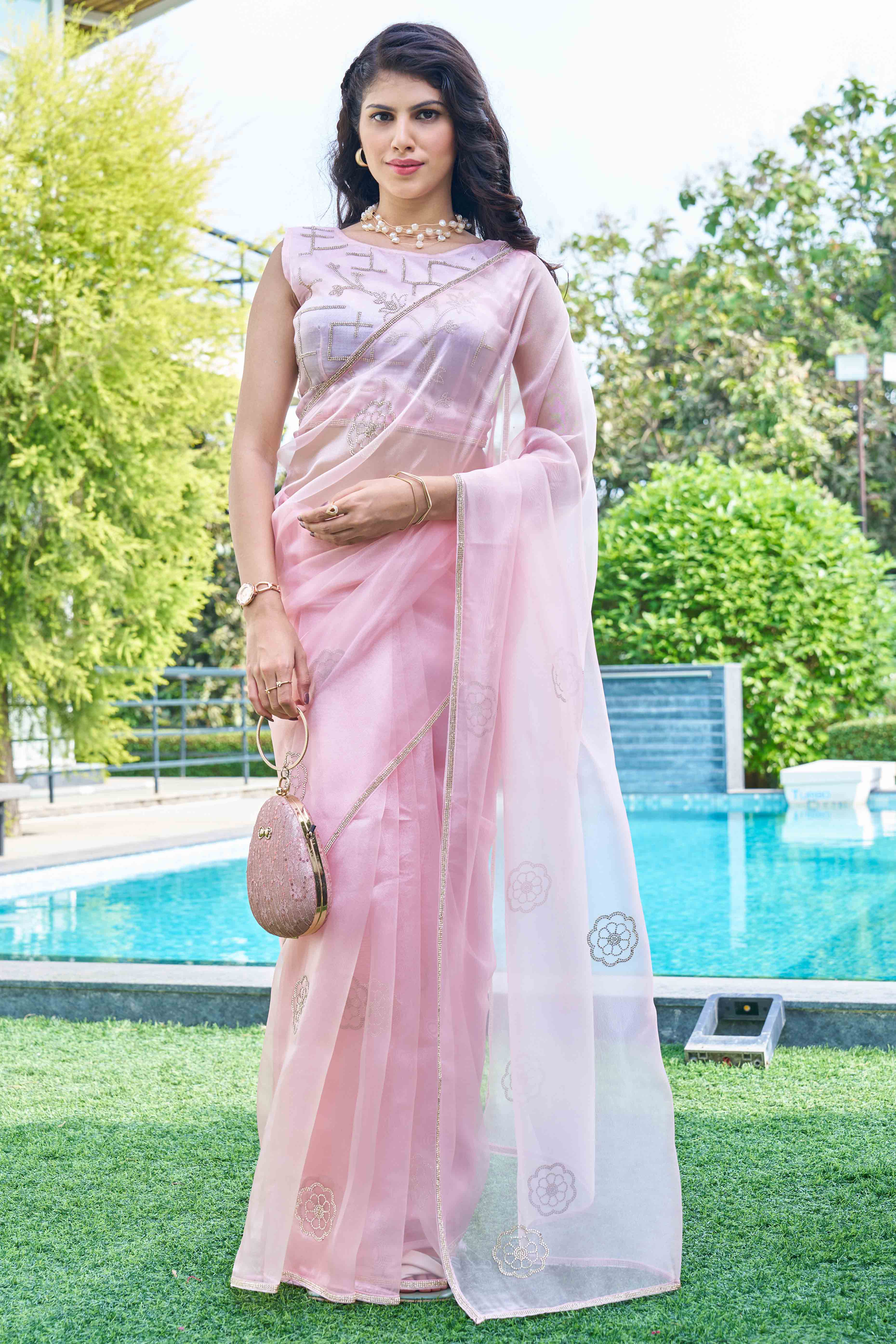 Pink Stone Work Embroidered Organza Saree