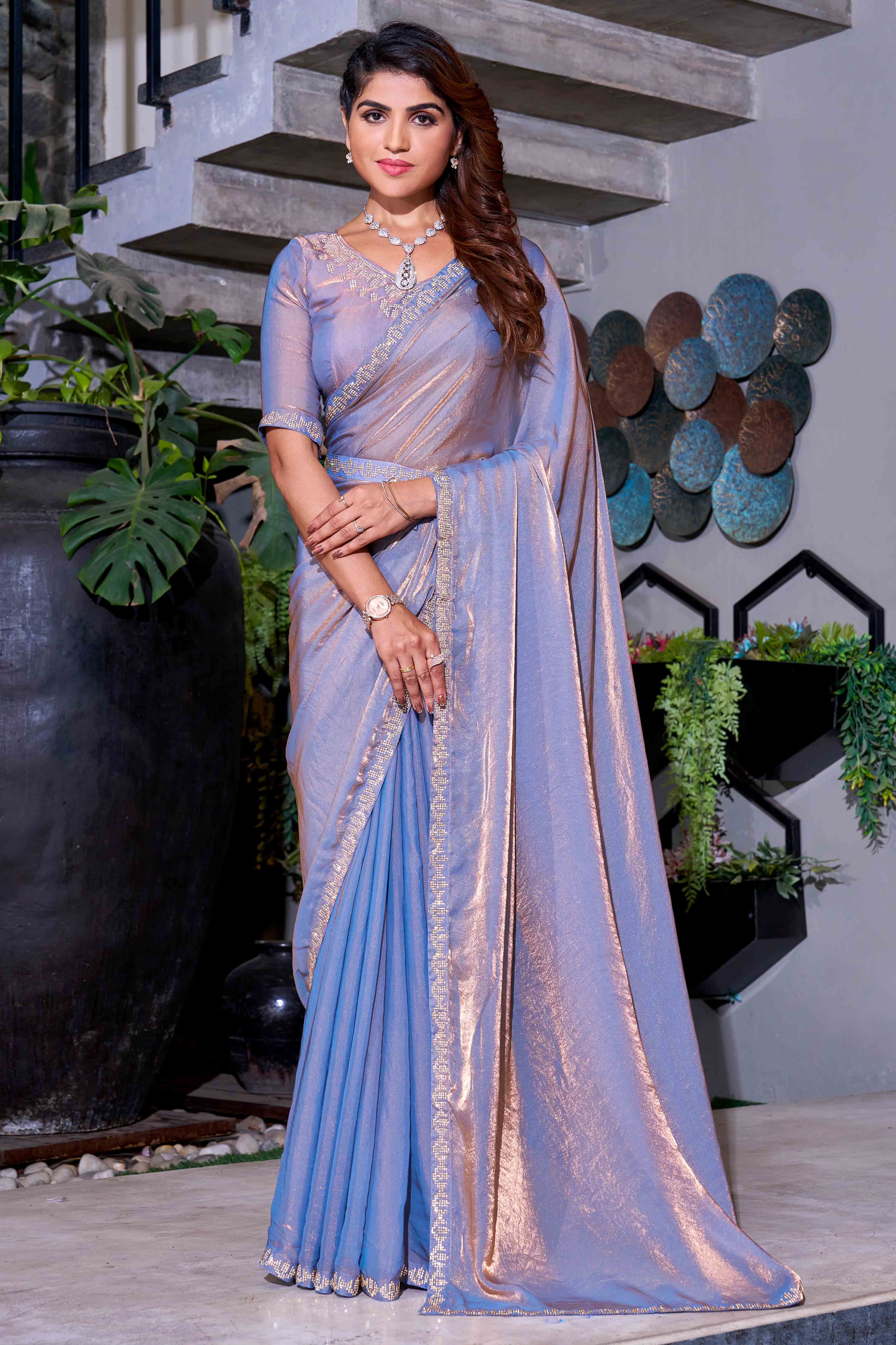 Lavender Stone Work Embroidered Satin Silk Saree