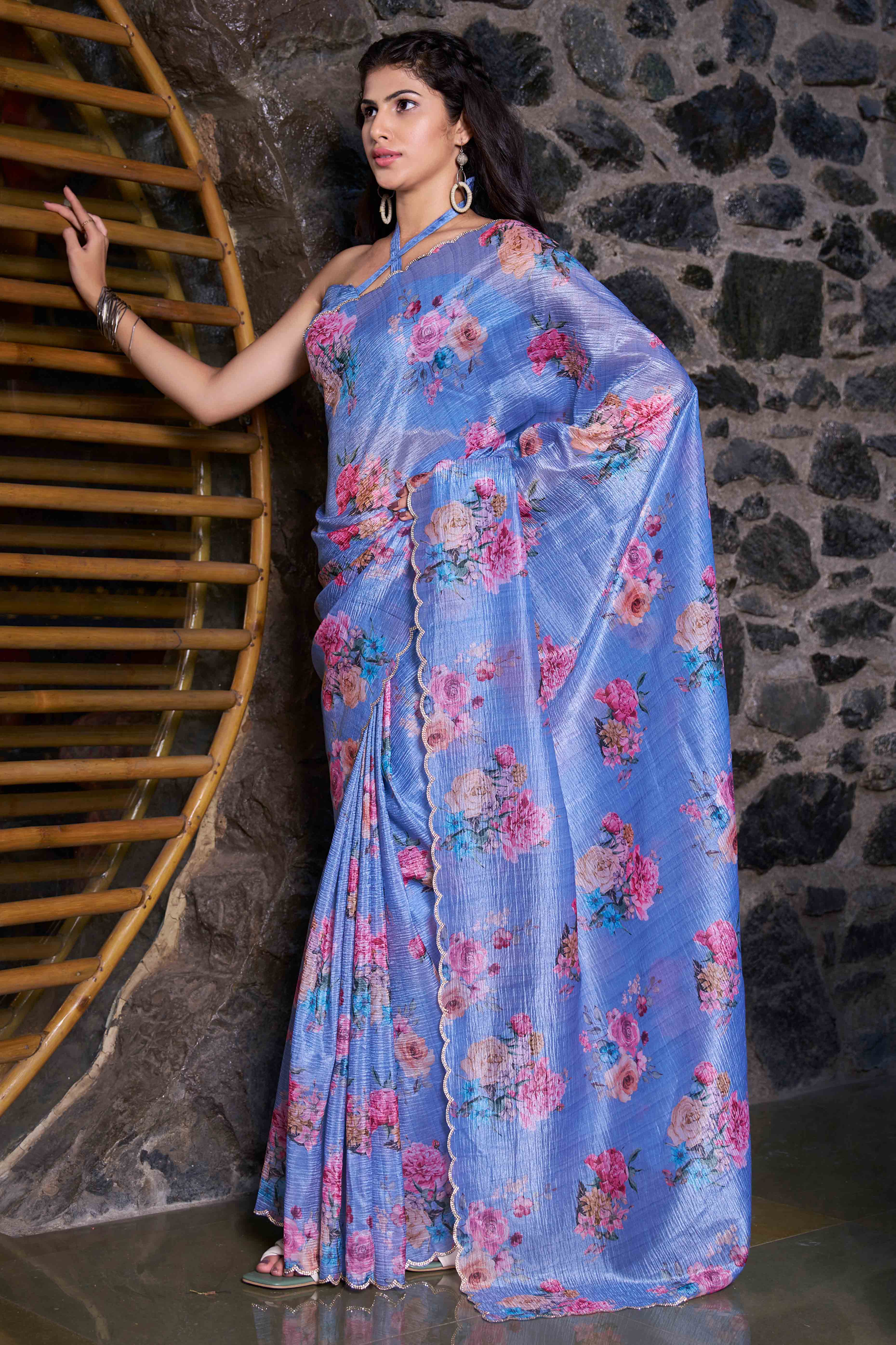 Blue Floral Printed Art Silk Saree