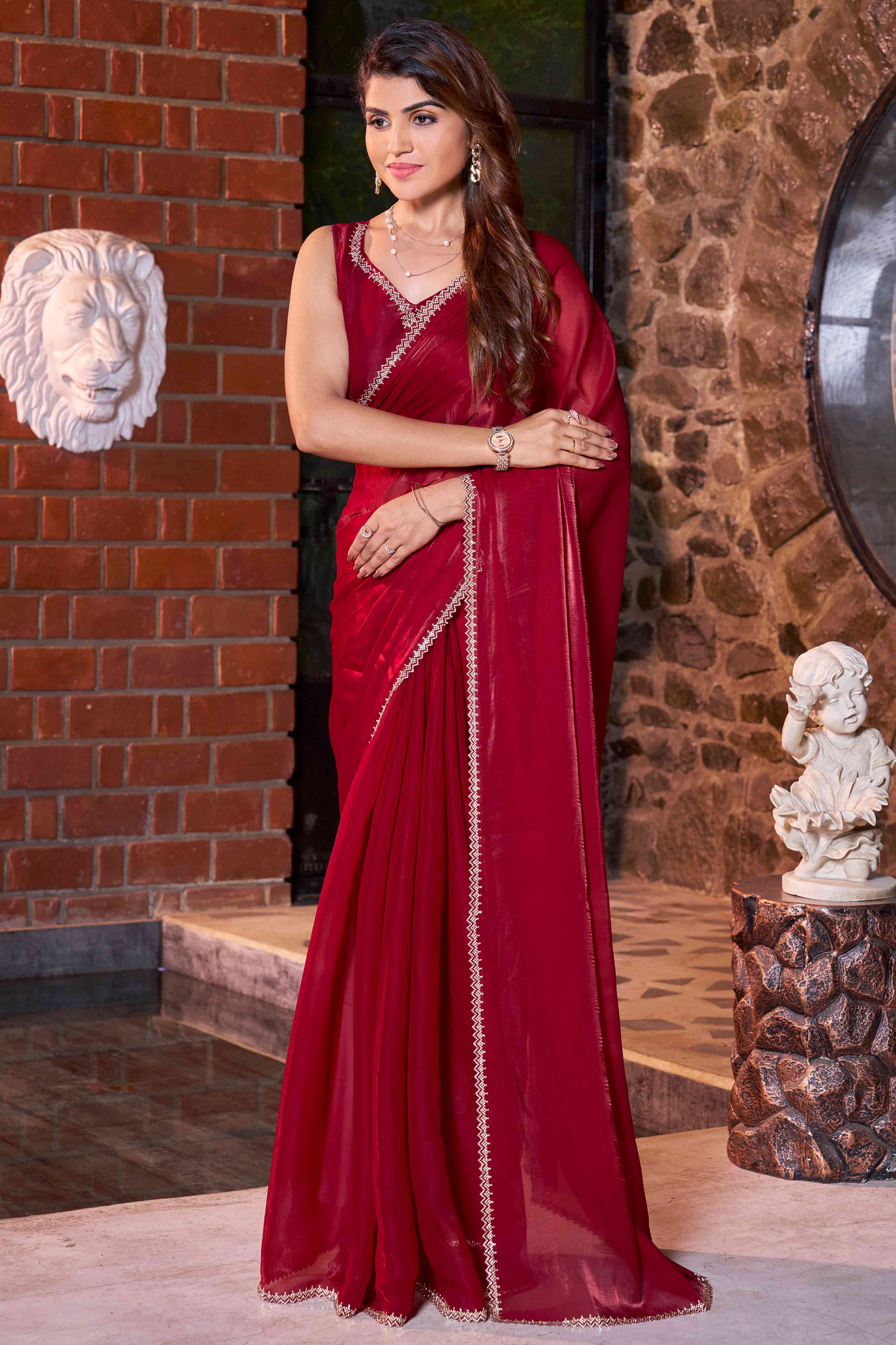 Red Swarovski Work Embroidered Satin Silk Saree