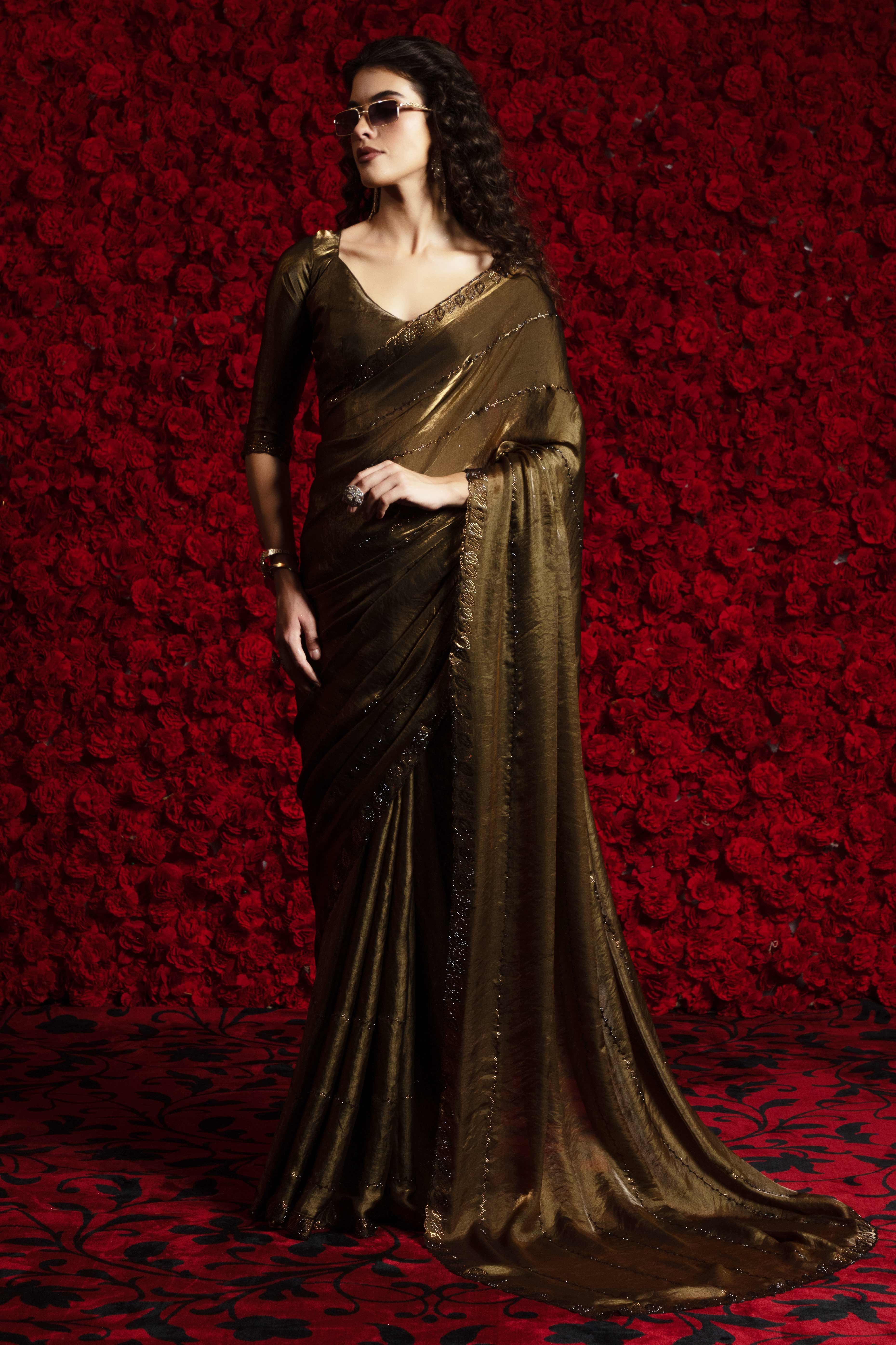 Mehandi Green Satin Silk Saree with Dazzling Stone Embellishments for Special Occasions