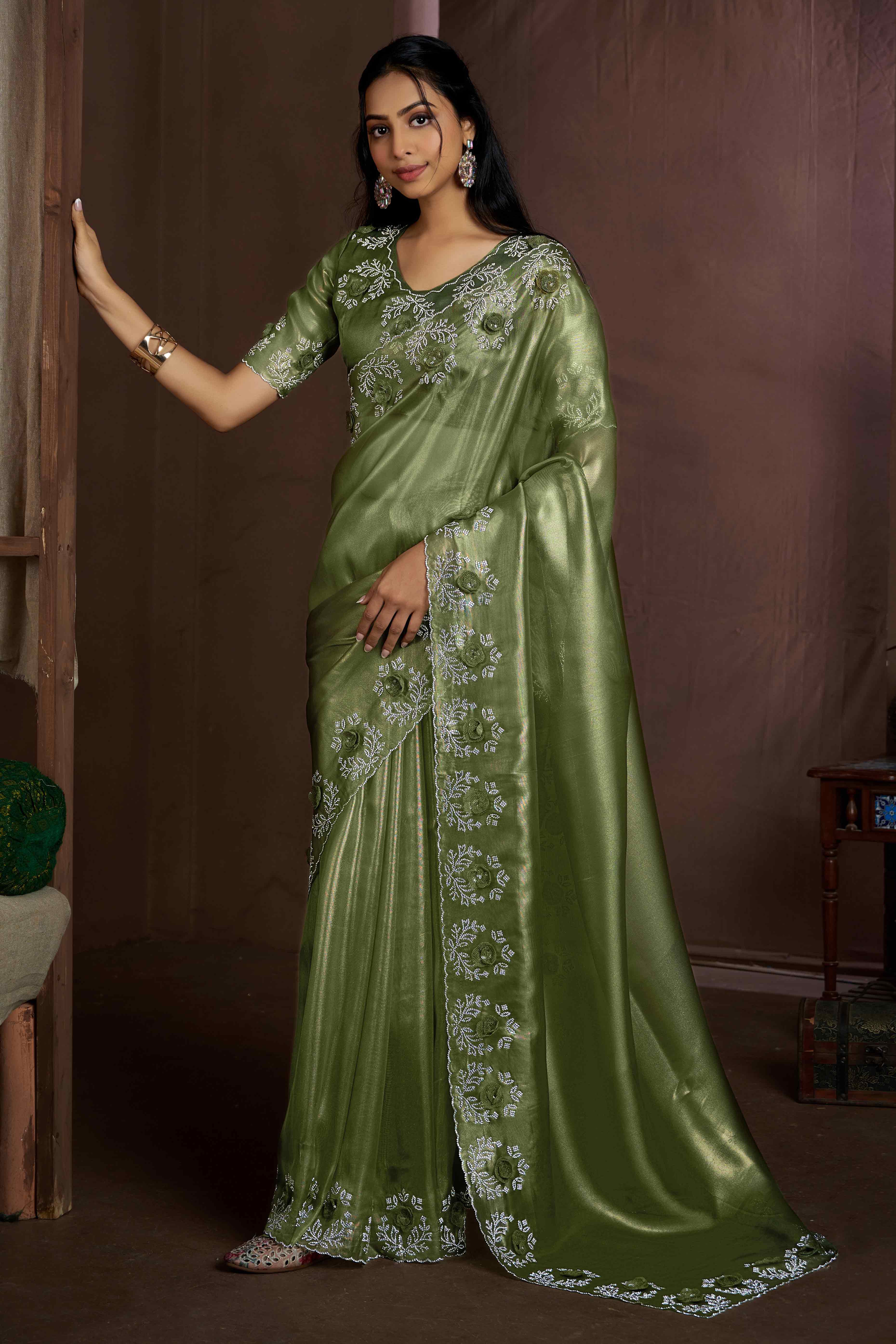 Green Floral Sequins With Zarkan Work Organza Saree