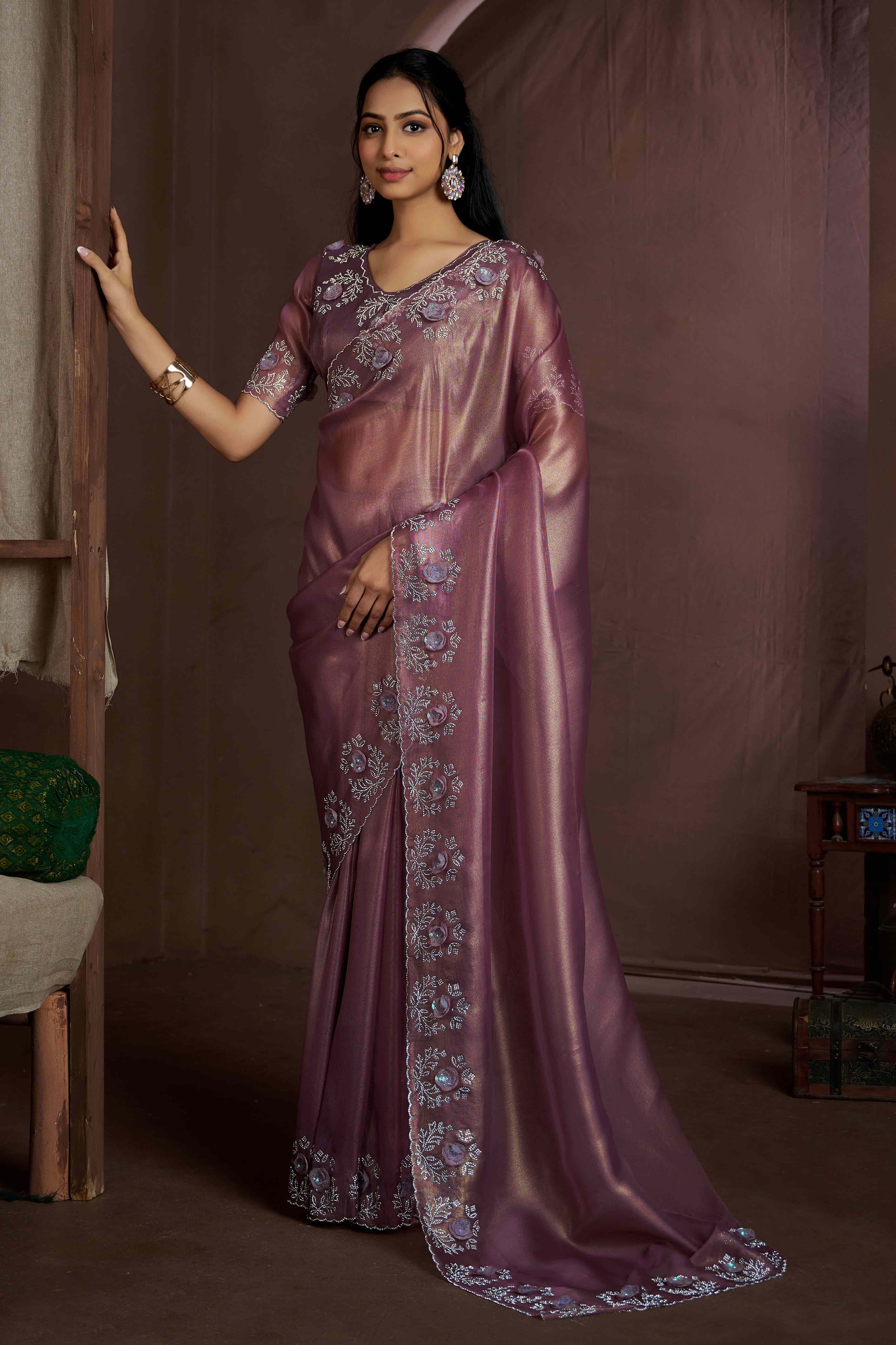 Wine Floral Sequins With Zarkan Work Organza Saree
