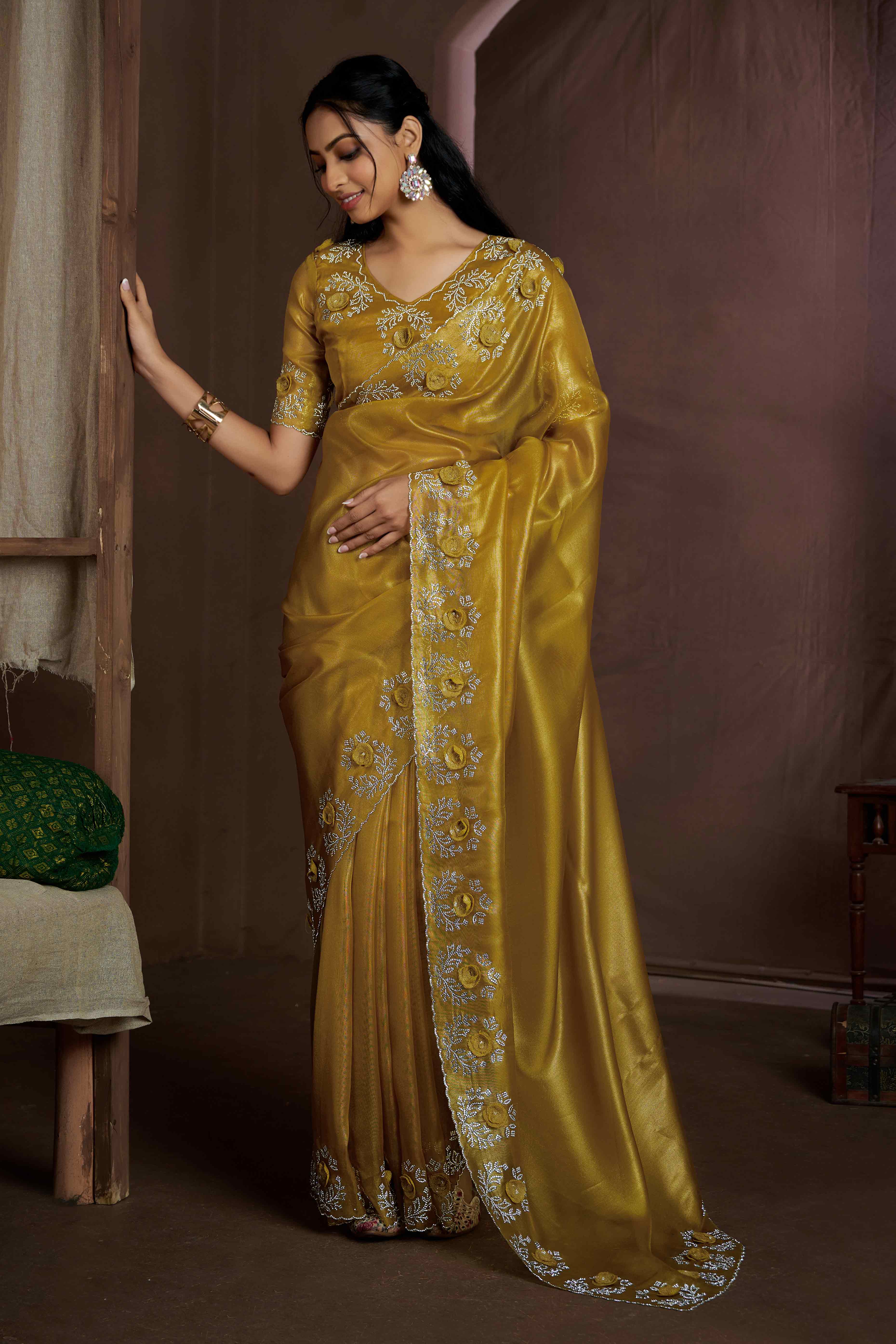 Mustard Floral Sequins With Zarkan Work Organza Saree
