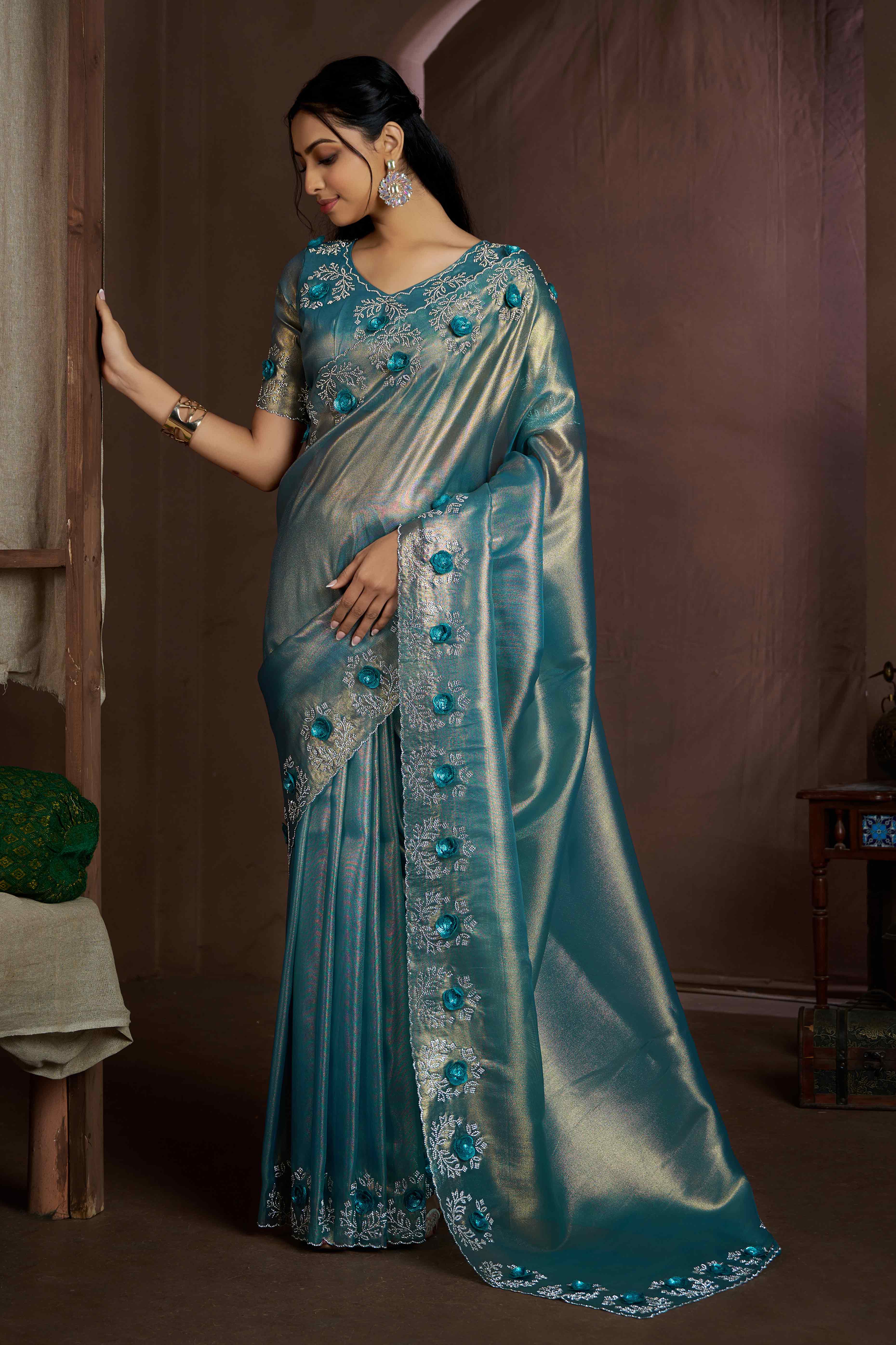 Blue Floral Sequins With Zarkan Work Organza Saree
