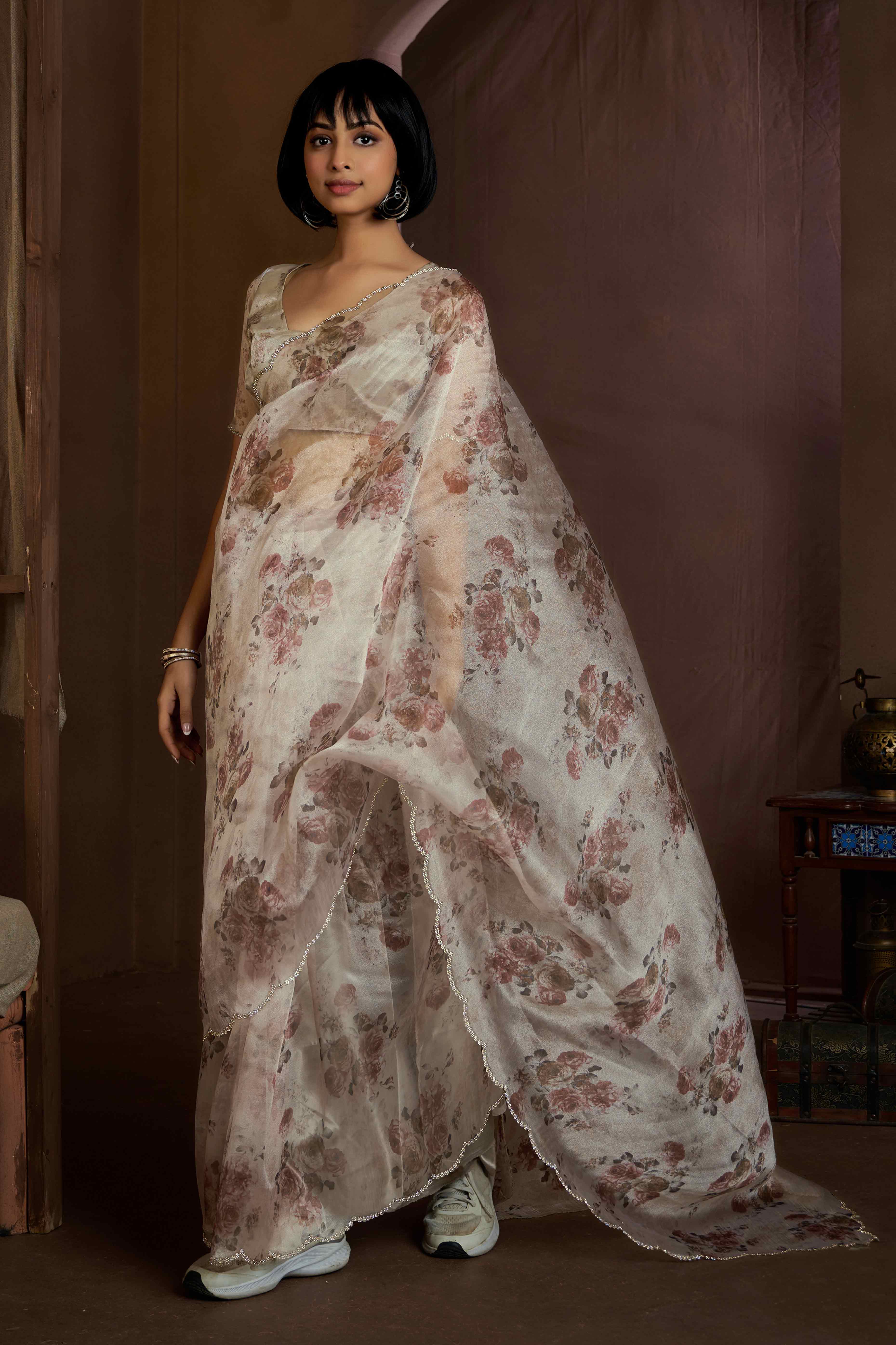 White Floral Printed Soft Organza Saree With Stone Work Border