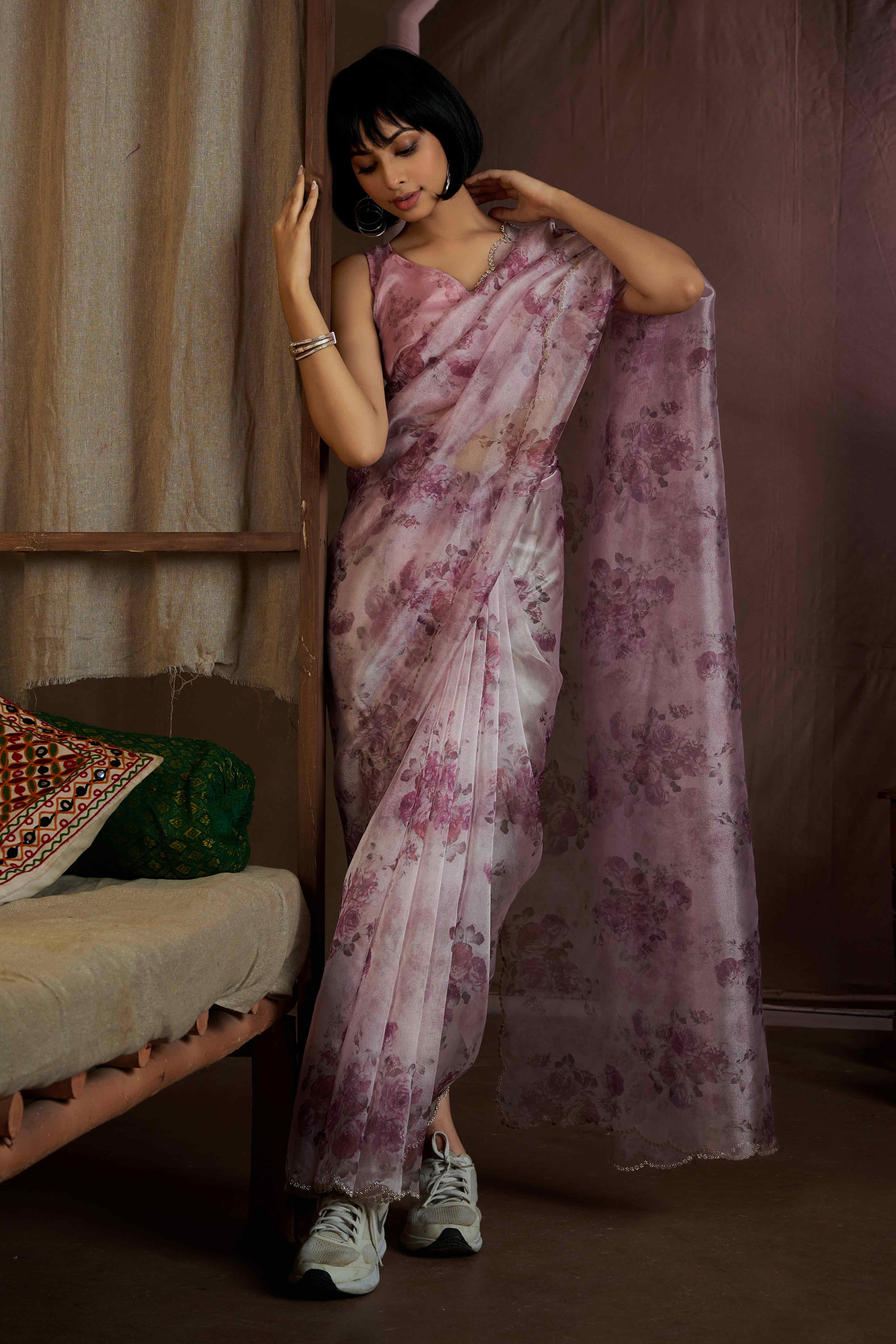 Pink Floral Printed Soft Organza Saree With Stone Work Border