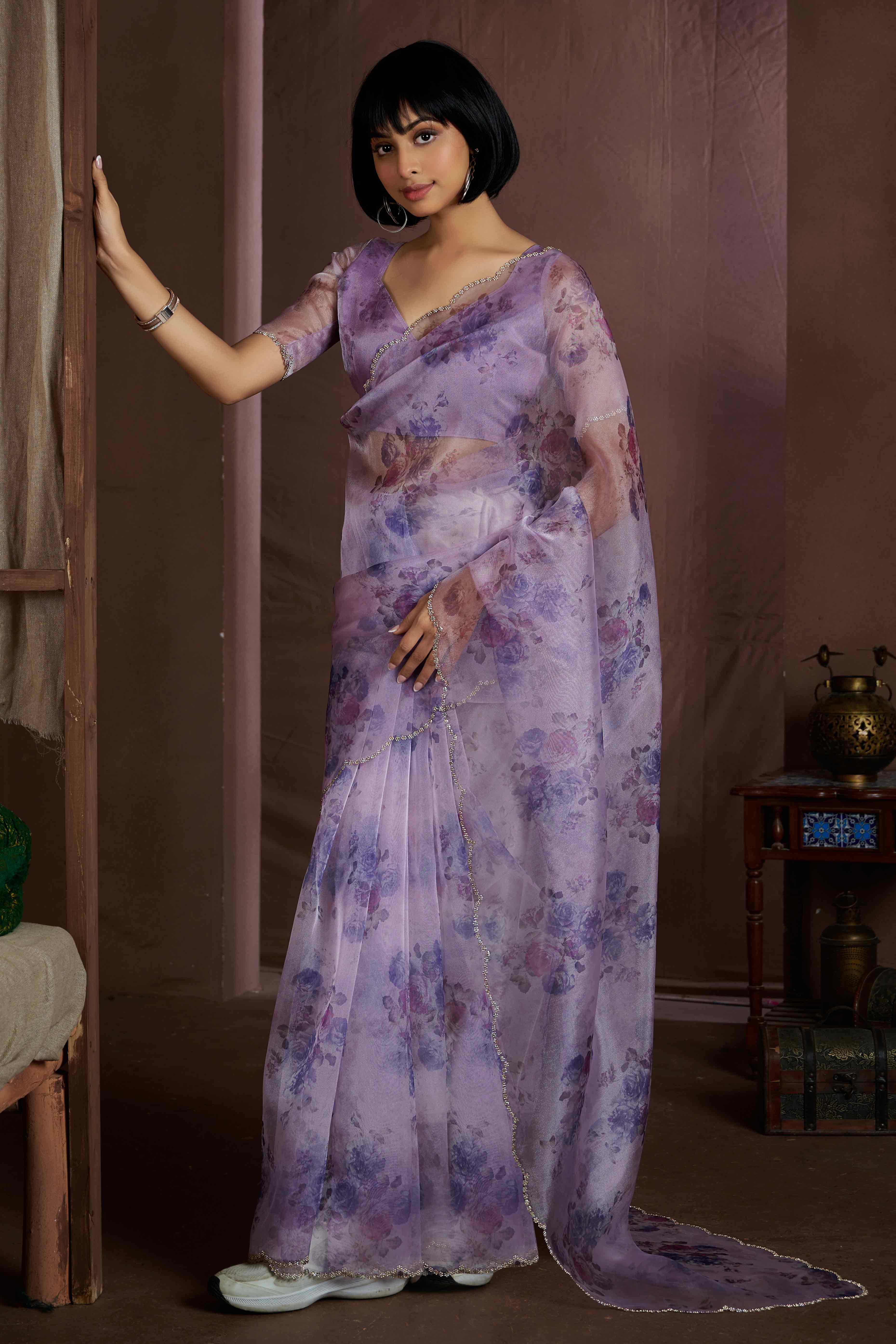 Purple Floral Printed Soft Organza Saree With Stone Work Border