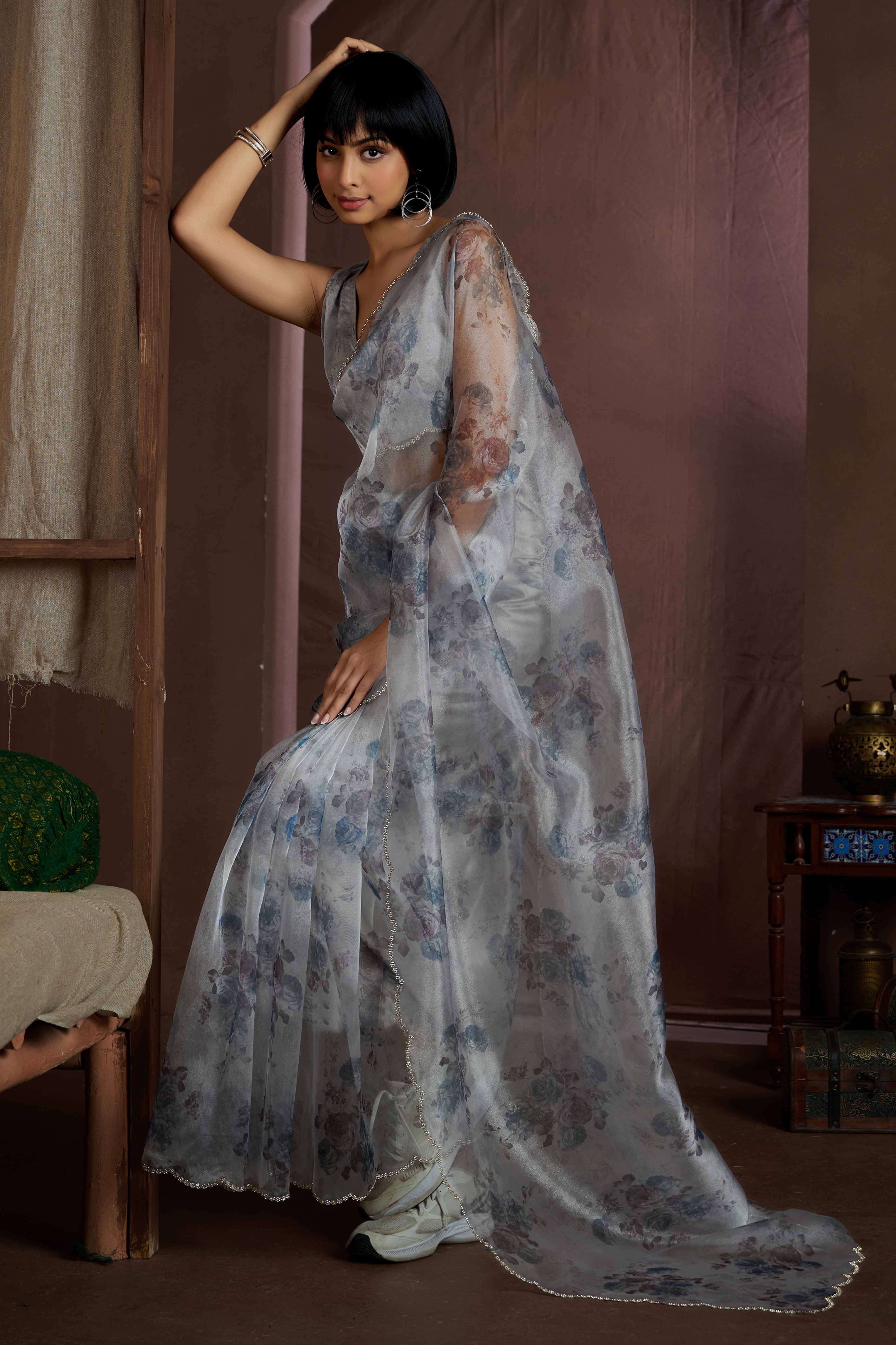 Grey Floral Printed Soft Organza Saree With Stone Work Border