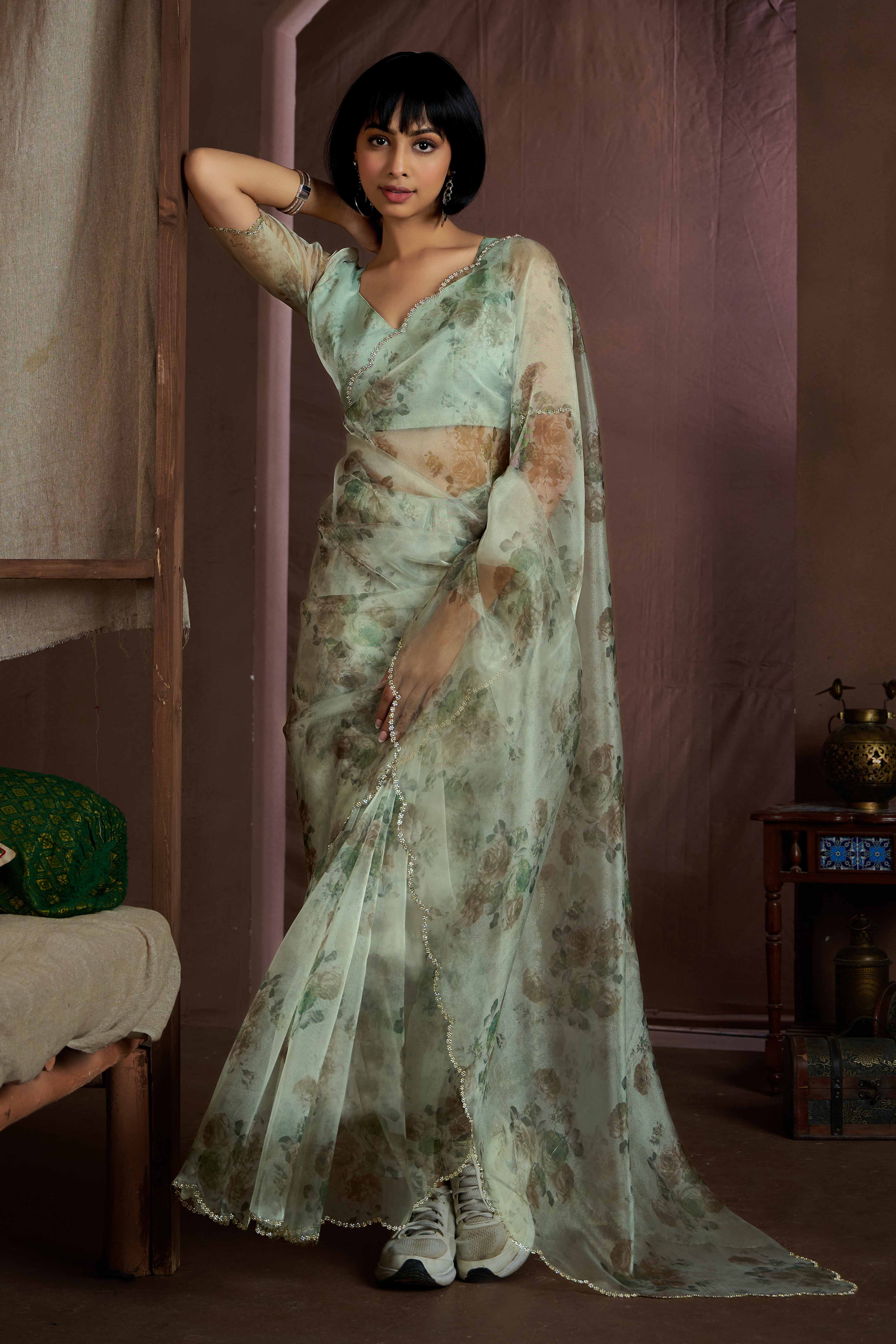 Sea Green Floral Printed Soft Organza Saree With Stone Work Border