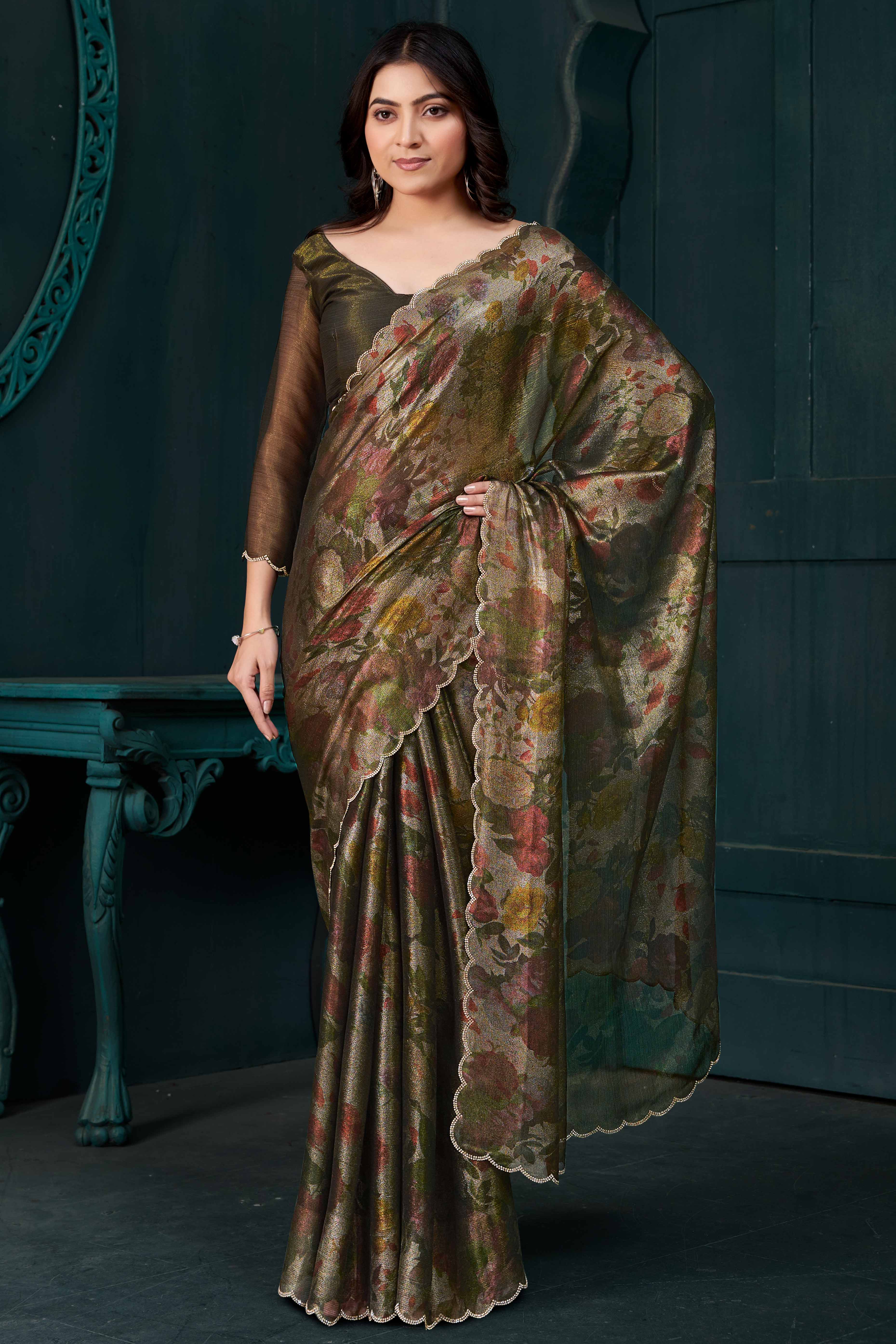 Olive Partywear Saree in Smooth Chiffon Silk with Contemporary Floral Prints
