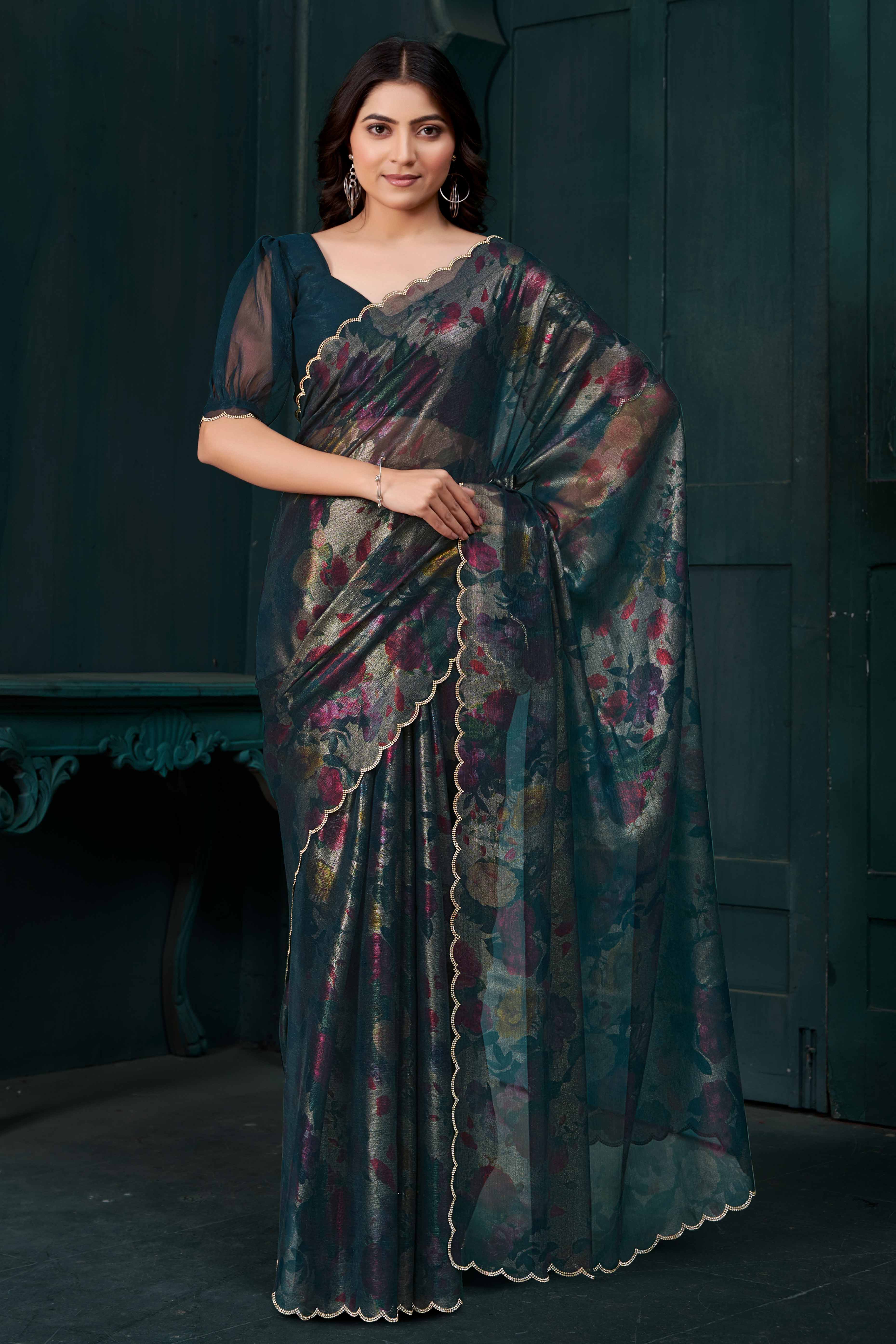 Teal Partywear Saree in Smooth Chiffon Silk with Contemporary Floral Prints