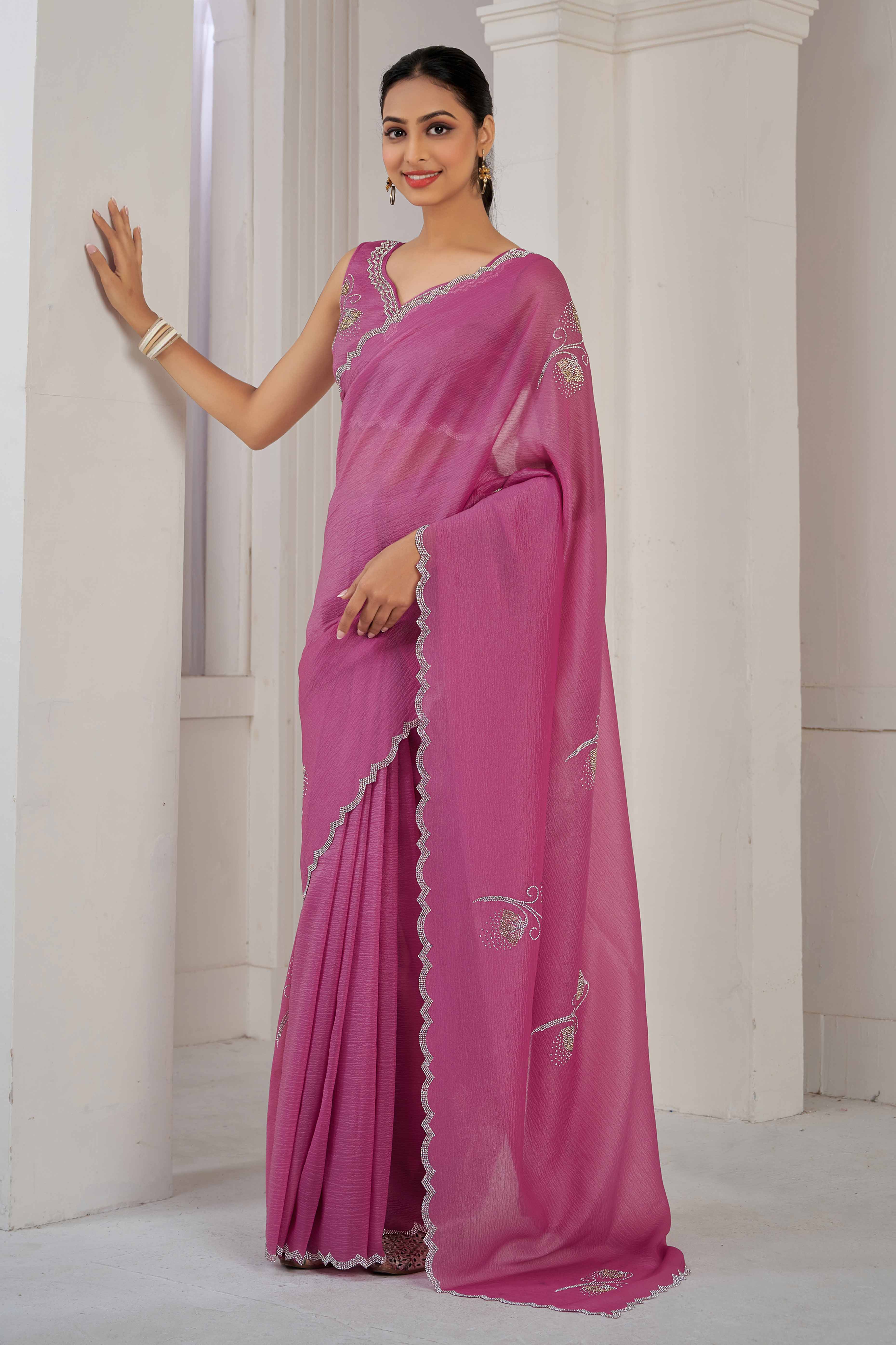 Pink Stone Work Embroidered Crepe Silk Saree